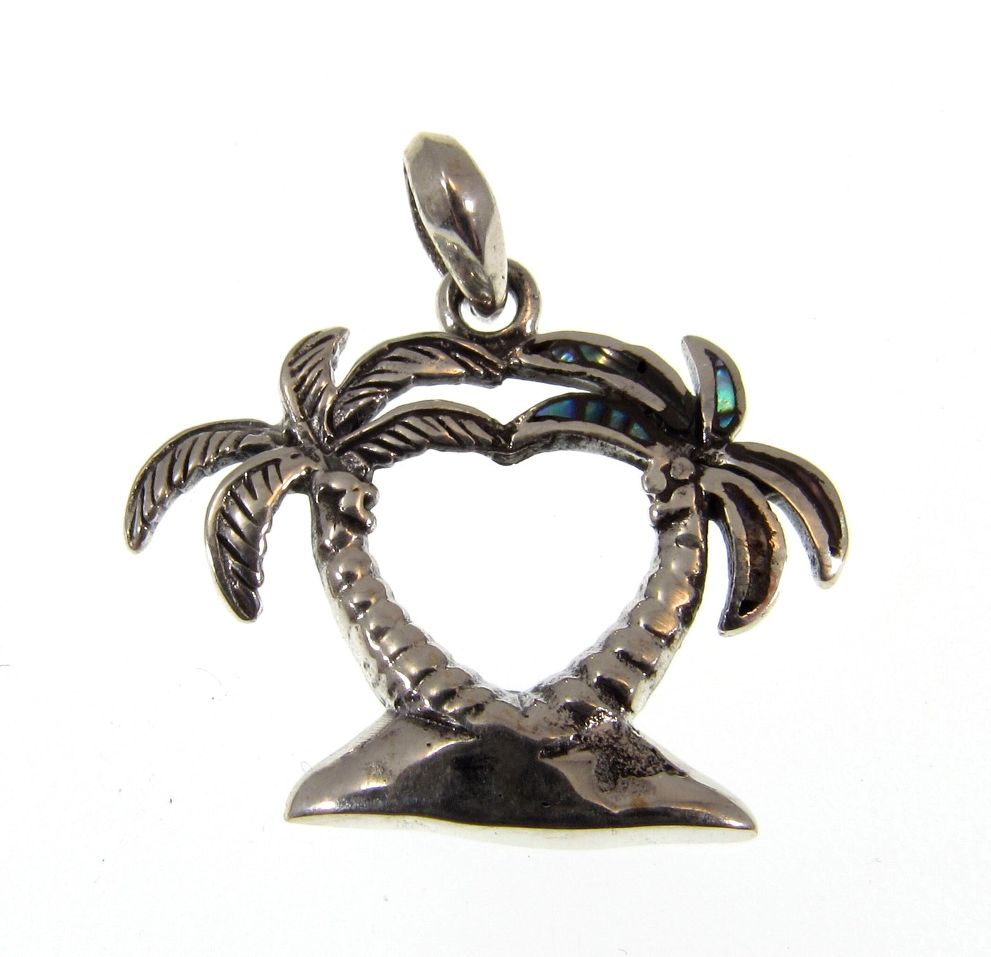 Solid 925 Sterling Silver Pair of Palm Trees Pendant With Paua / Abalone Shell Charm