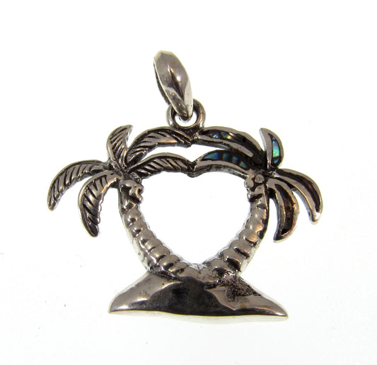 Solid 925 Sterling Silver Pair of Palm Trees Pendant With Paua / Abalone Shell Charm