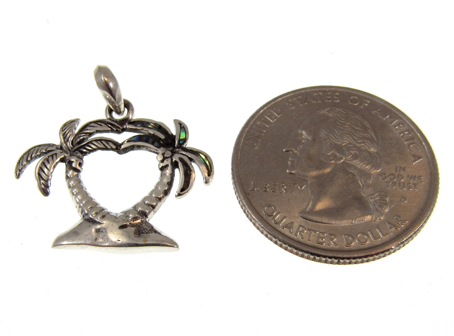 Solid 925 Sterling Silver Pair of Palm Trees Pendant With Paua / Abalone Shell Charm