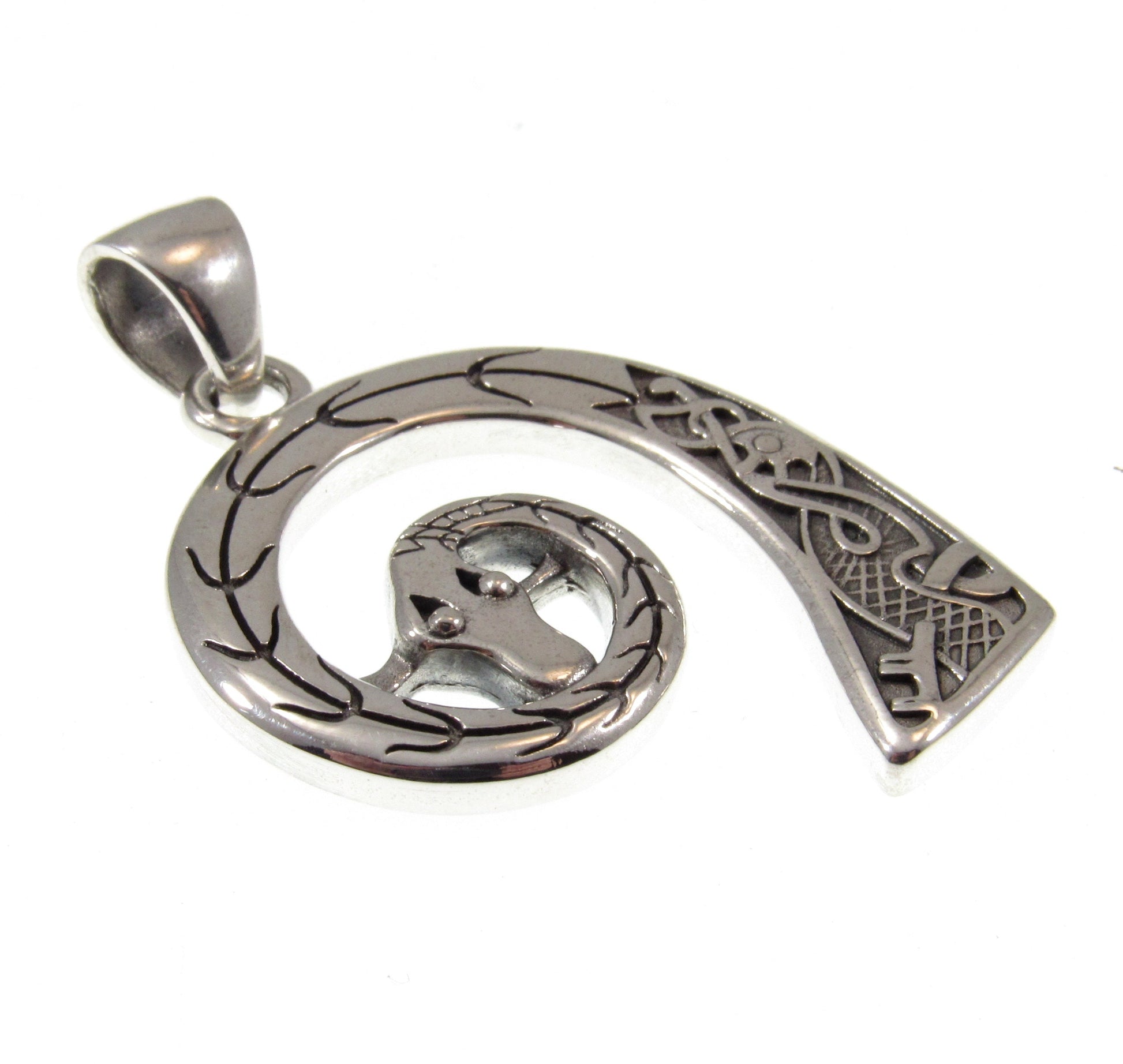 Solid 925 Sterling Silver Jormungandr Prow Head of Viking Ship Pendant, Norse Warrior Longship Carving