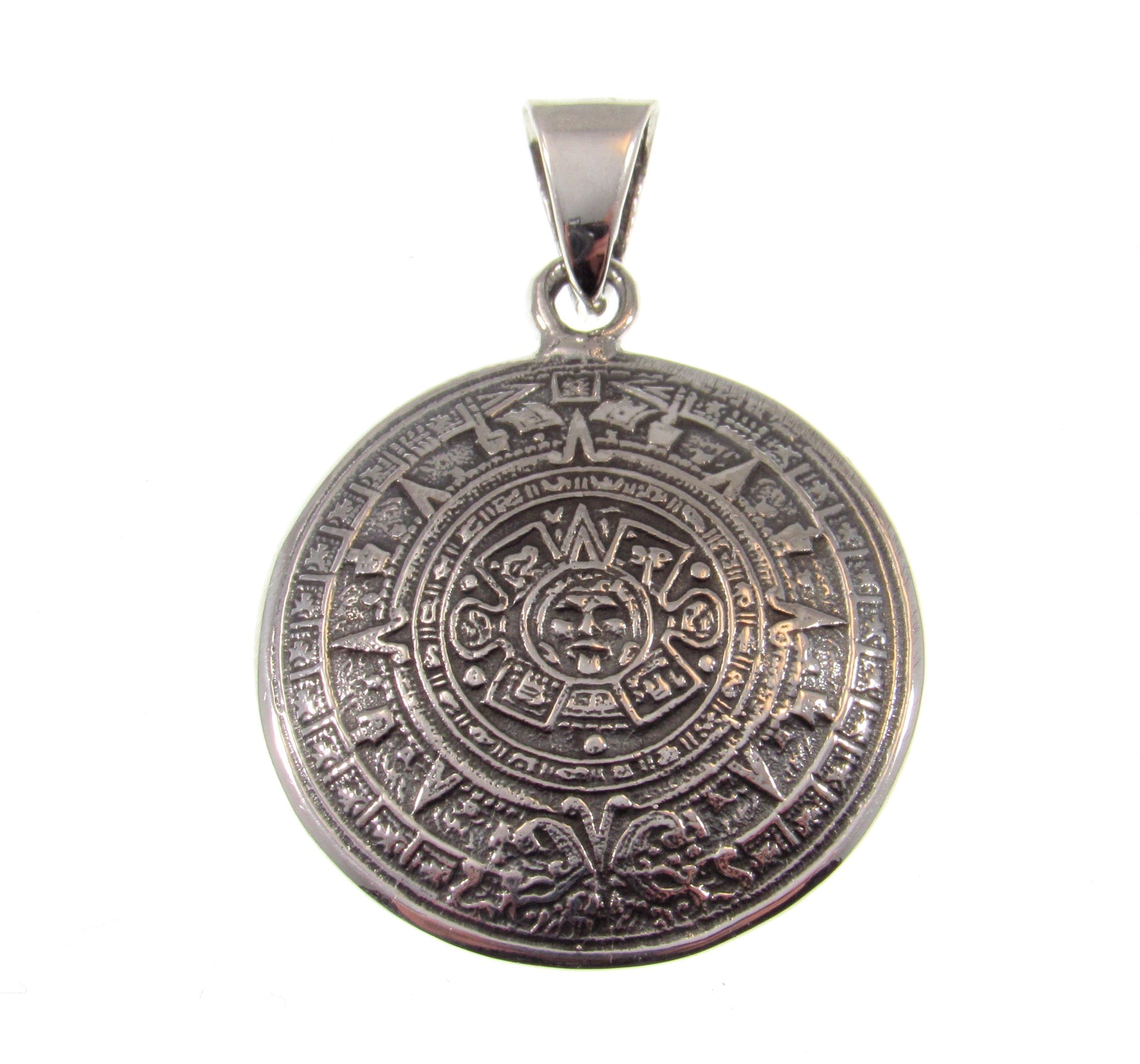 Solid Sterling Silver Aztec Calendar Pendant – Mayan Necklace Amulet, Ancient Mexico Jewelry, Sun Stone Medal, Mens Silver Zodiac Wheel