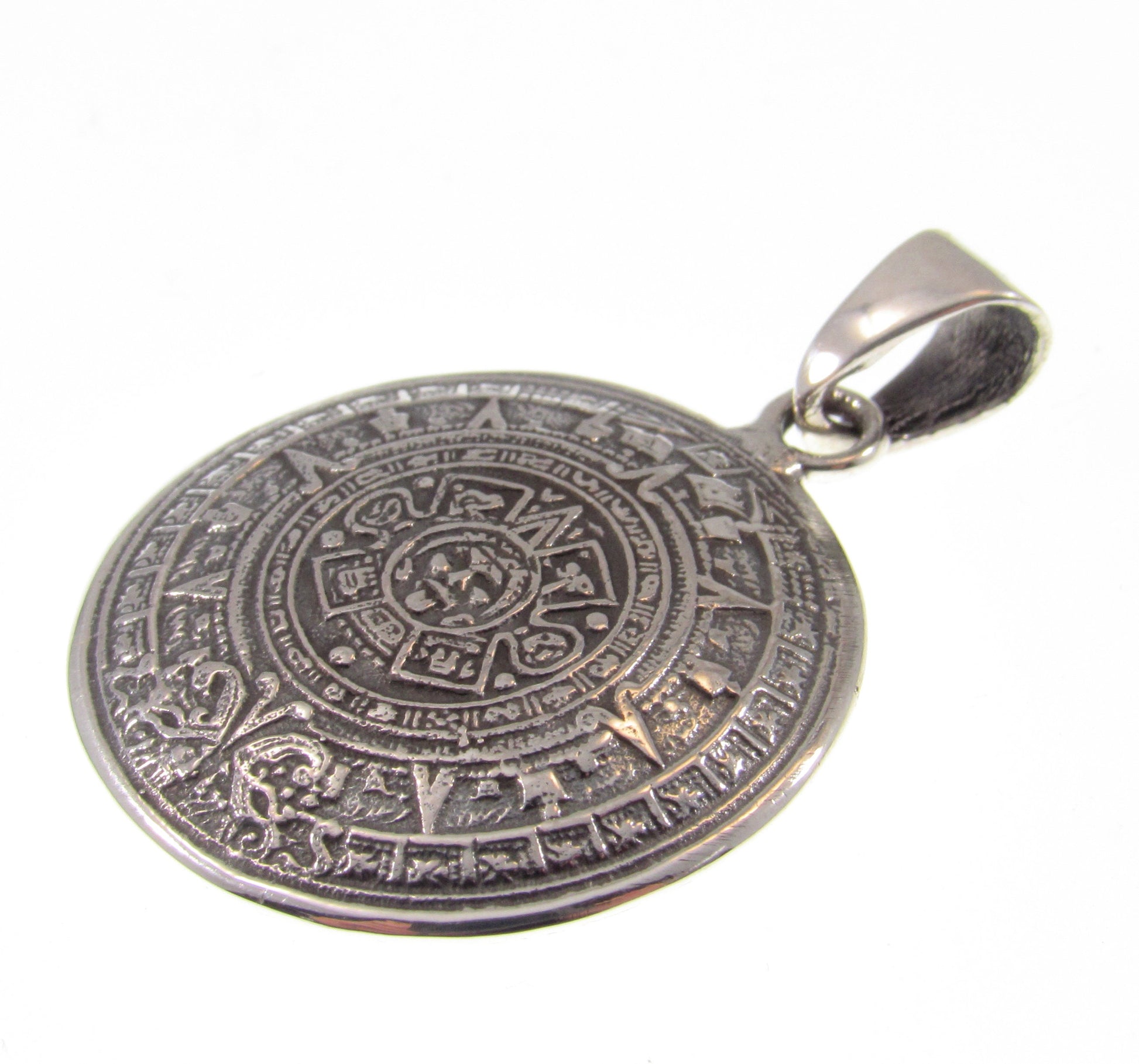 Solid Sterling Silver Aztec Calendar Pendant – Mayan Necklace Amulet, Ancient Mexico Jewelry, Sun Stone Medal, Mens Silver Zodiac Wheel