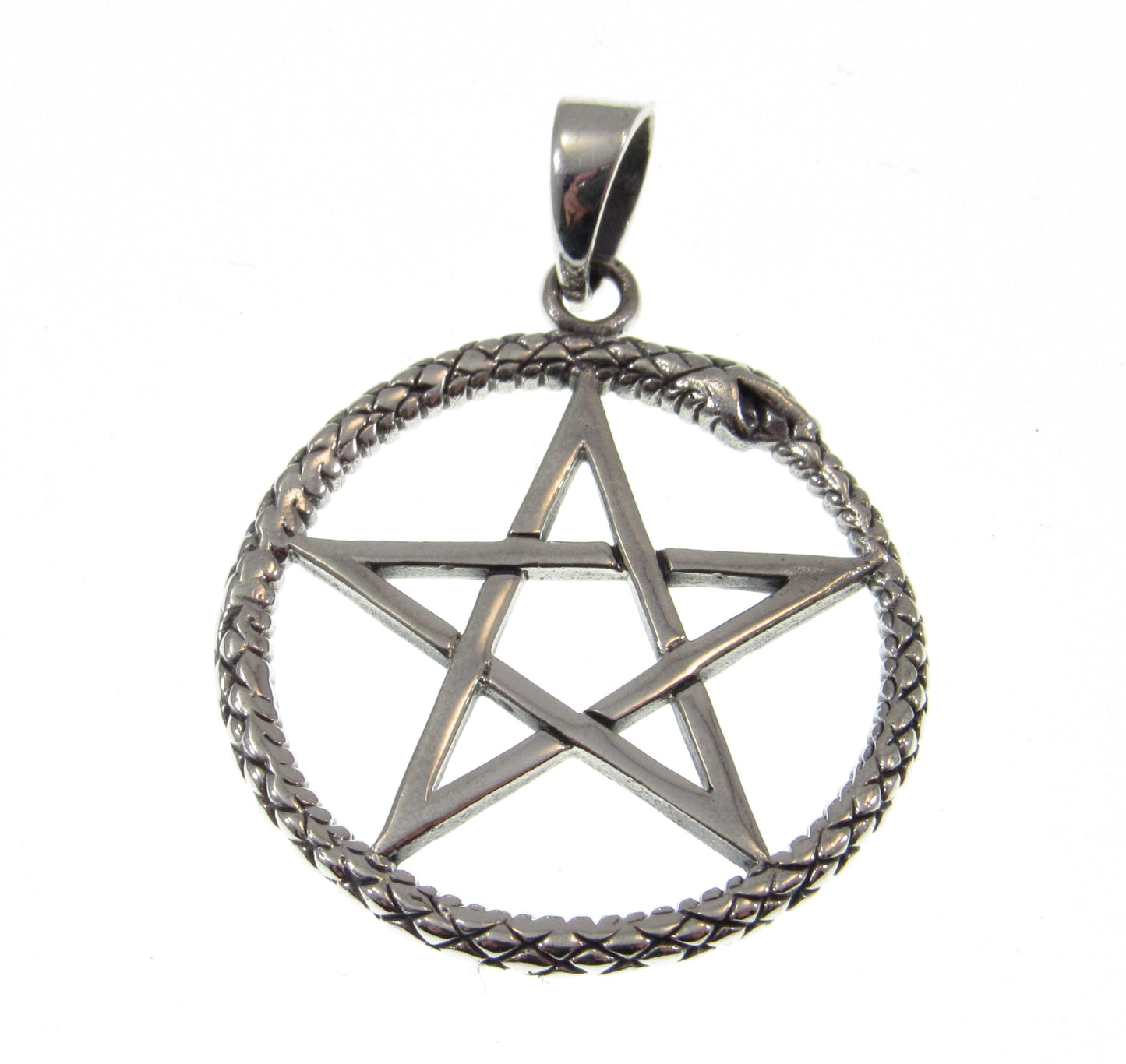 Solid 925 Sterling Silver Ouroboros Pentagram Pendant – Wiccan Protection Amulet, Occult Pagan Jewelry, Witchcraft Symbol, Serpent Pentacle