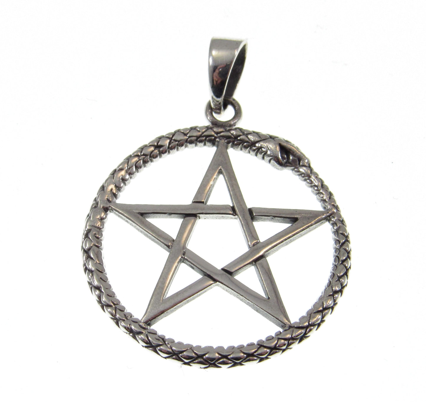Solid 925 Sterling Silver Ouroboros Pentagram Pendant, Wiccan Protection Pentacle Amulet, Pagan Jewelry