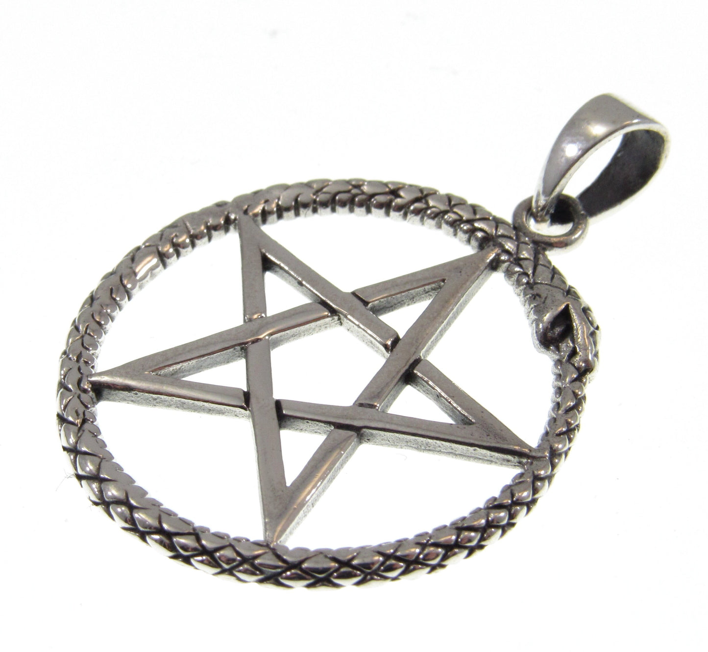 Solid 925 Sterling Silver Ouroboros Pentagram Pendant – Wiccan Protection Amulet, Occult Pagan Jewelry, Witchcraft Symbol, Serpent Pentacle