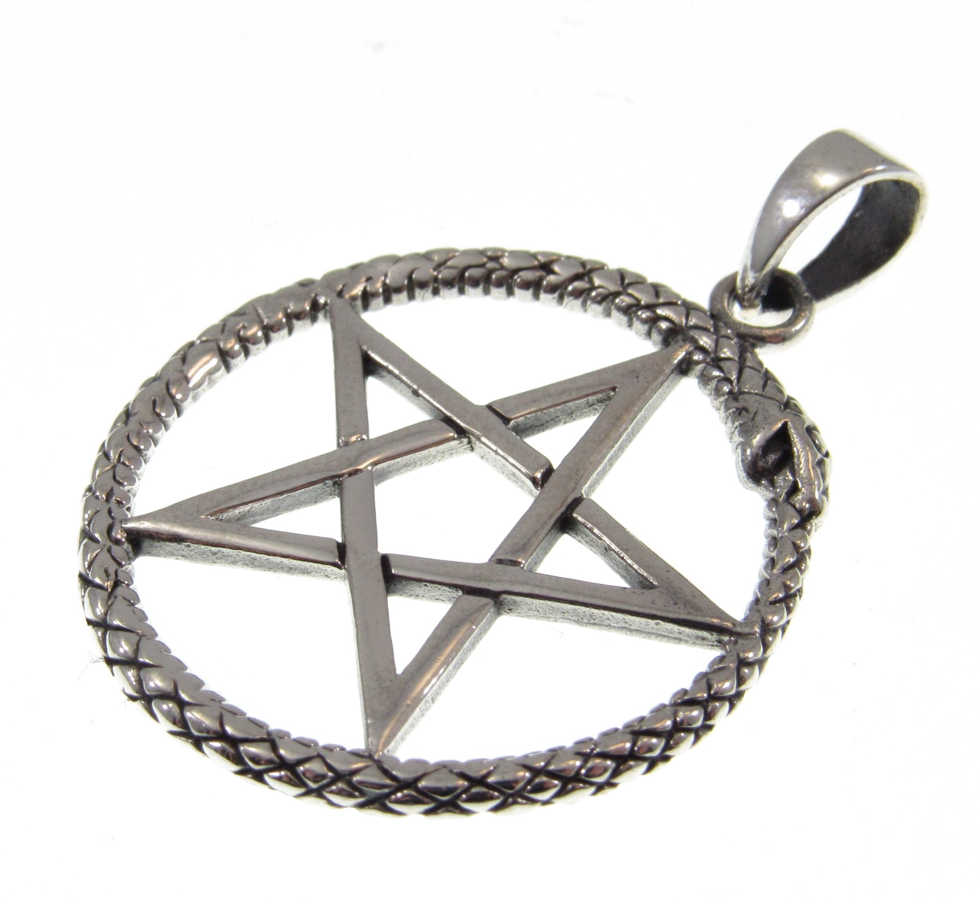 Solid 925 Sterling Silver Ouroboros Pentagram Pendant – Wiccan Protection Amulet, Occult Pagan Jewelry, Witchcraft Symbol, Serpent Pentacle