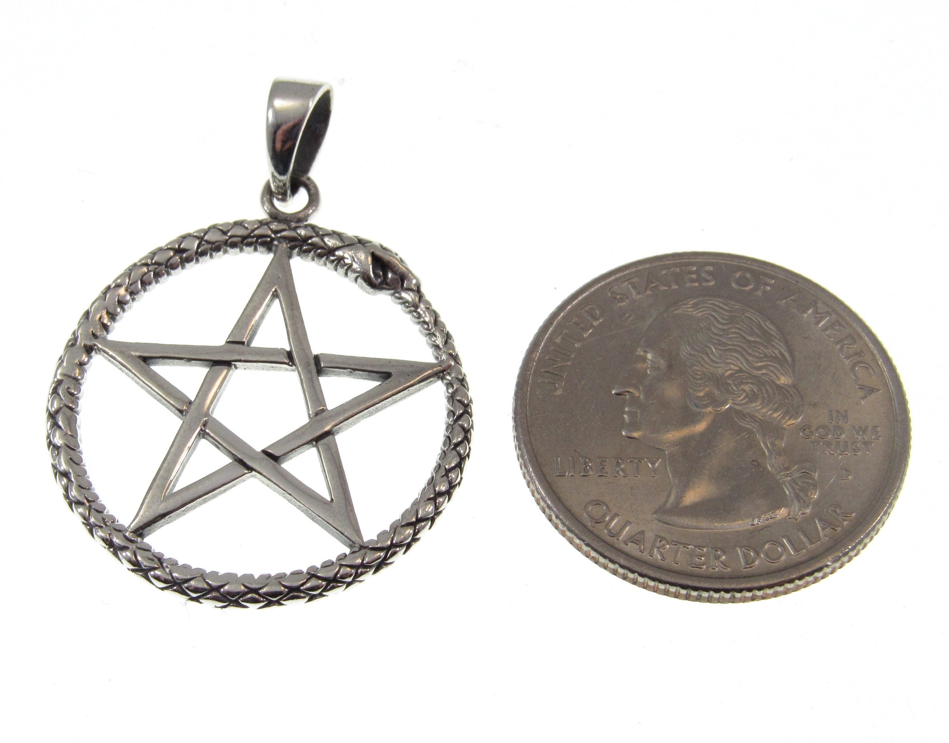 Solid 925 Sterling Silver Ouroboros Pentagram Pendant – Wiccan Protection Amulet, Occult Pagan Jewelry, Witchcraft Symbol, Serpent Pentacle