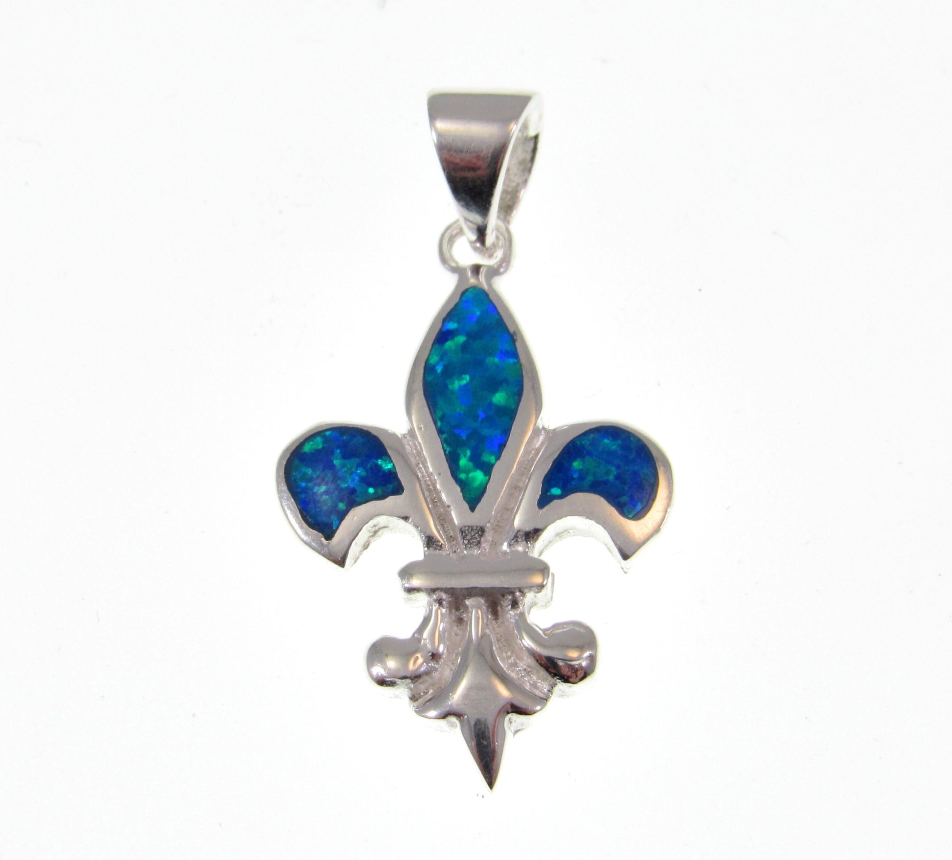 Solid 925 Sterling Silver Fleur De Lis (Flower of the lily) Pendant With Inlaid Lab Created Blue or White Opal Gemstones