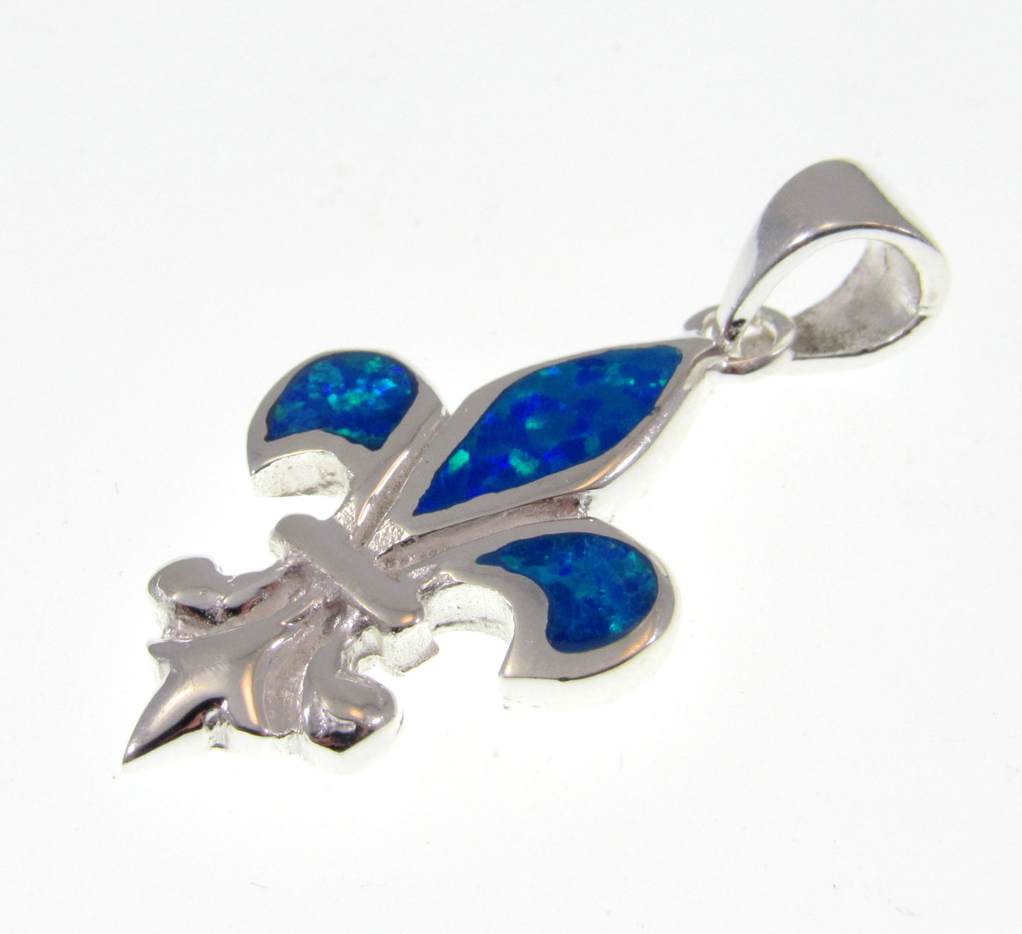 Solid 925 Sterling Silver Fleur De Lis (Flower of the lily) Pendant With Inlaid Lab Created Blue or White Opal Gemstones
