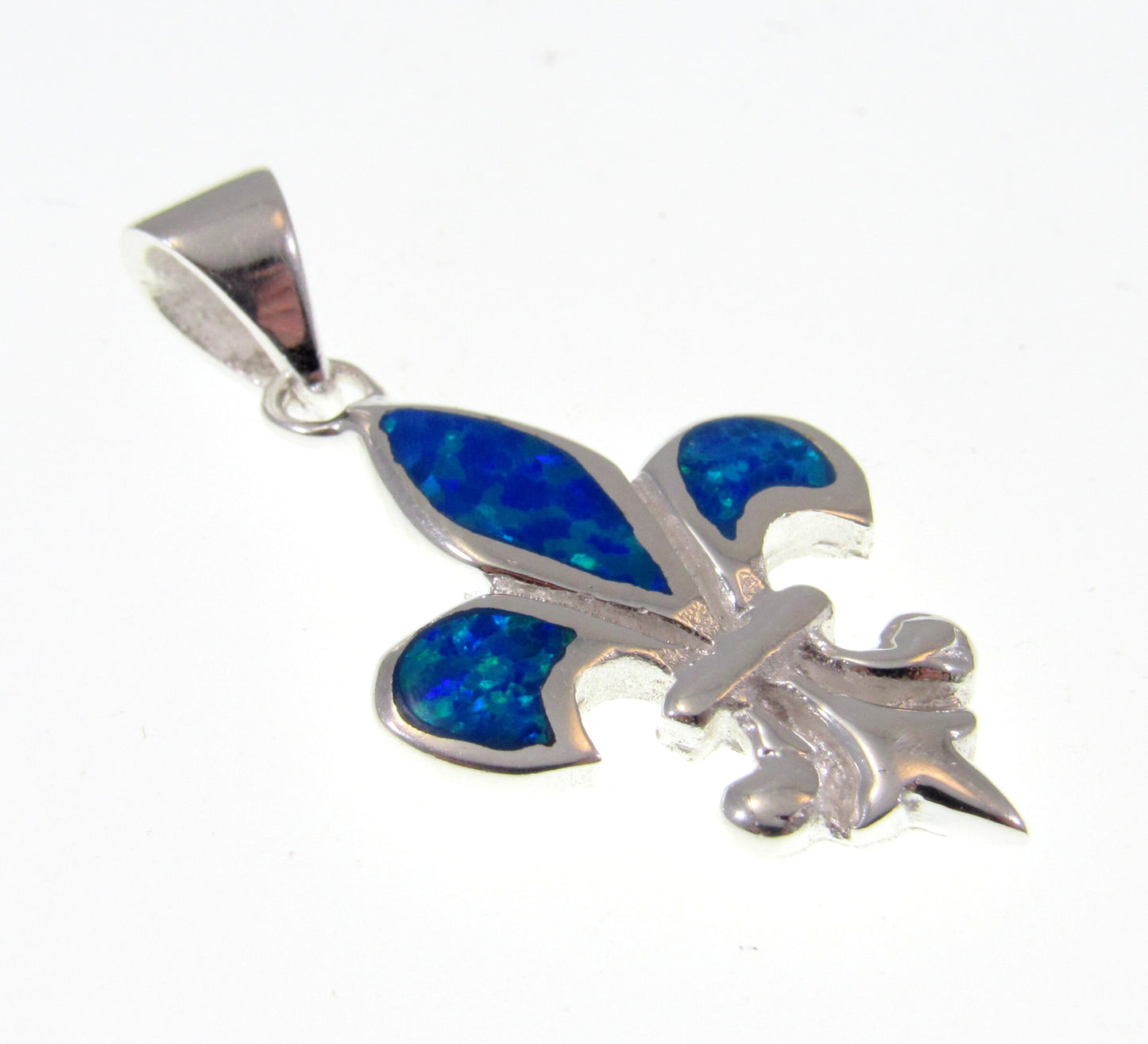 Solid 925 Sterling Silver Fleur De Lis (Flower of the lily) Pendant With Inlaid Lab Created Blue or White Opal Gemstones