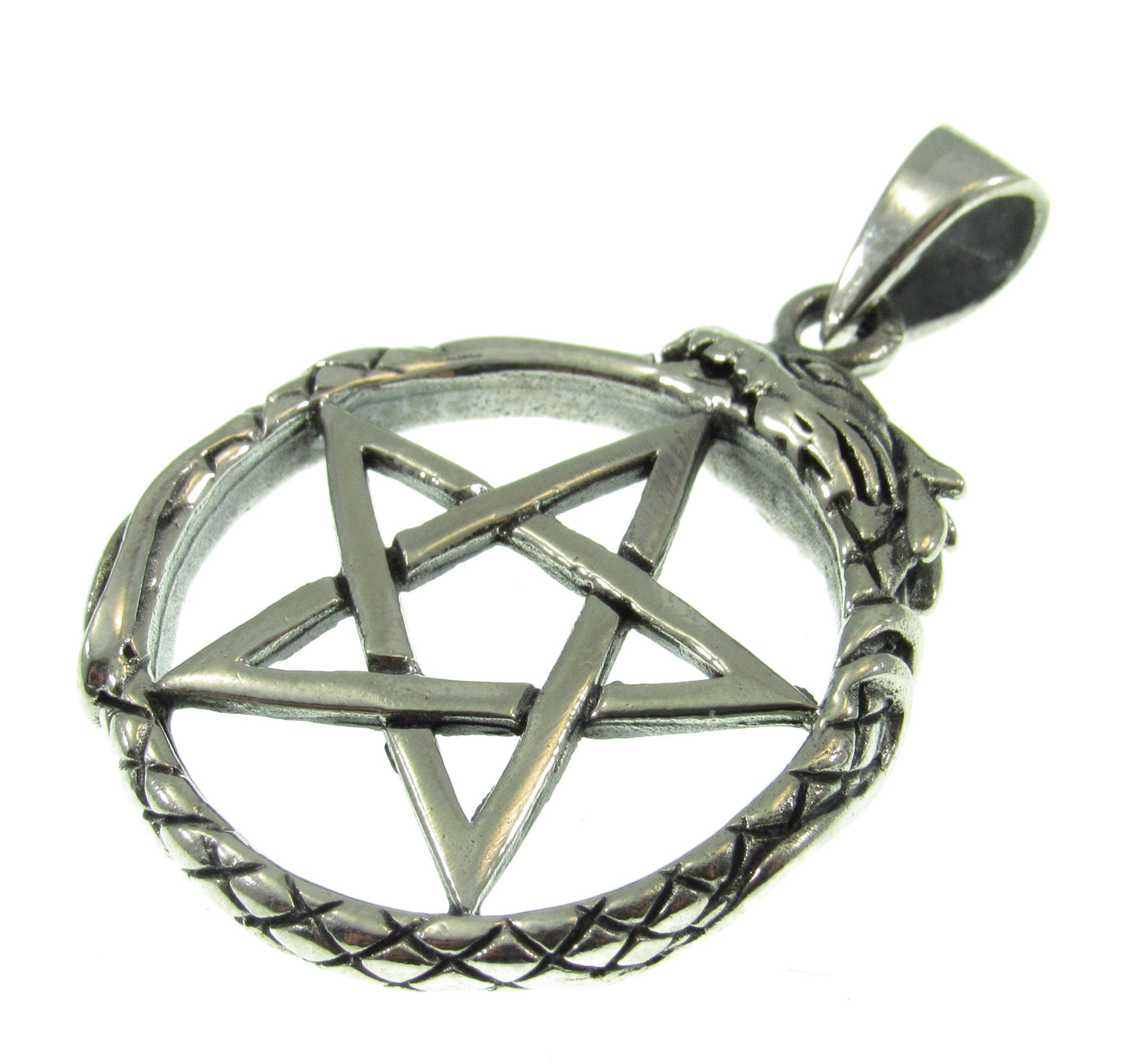 Solid 925 Sterling Silver Ouroboros Pentacle Pendant, Serpent Eating Tail Amulet, Wiccan Pagan Occult Jewelry, Mystic Protection Symbol