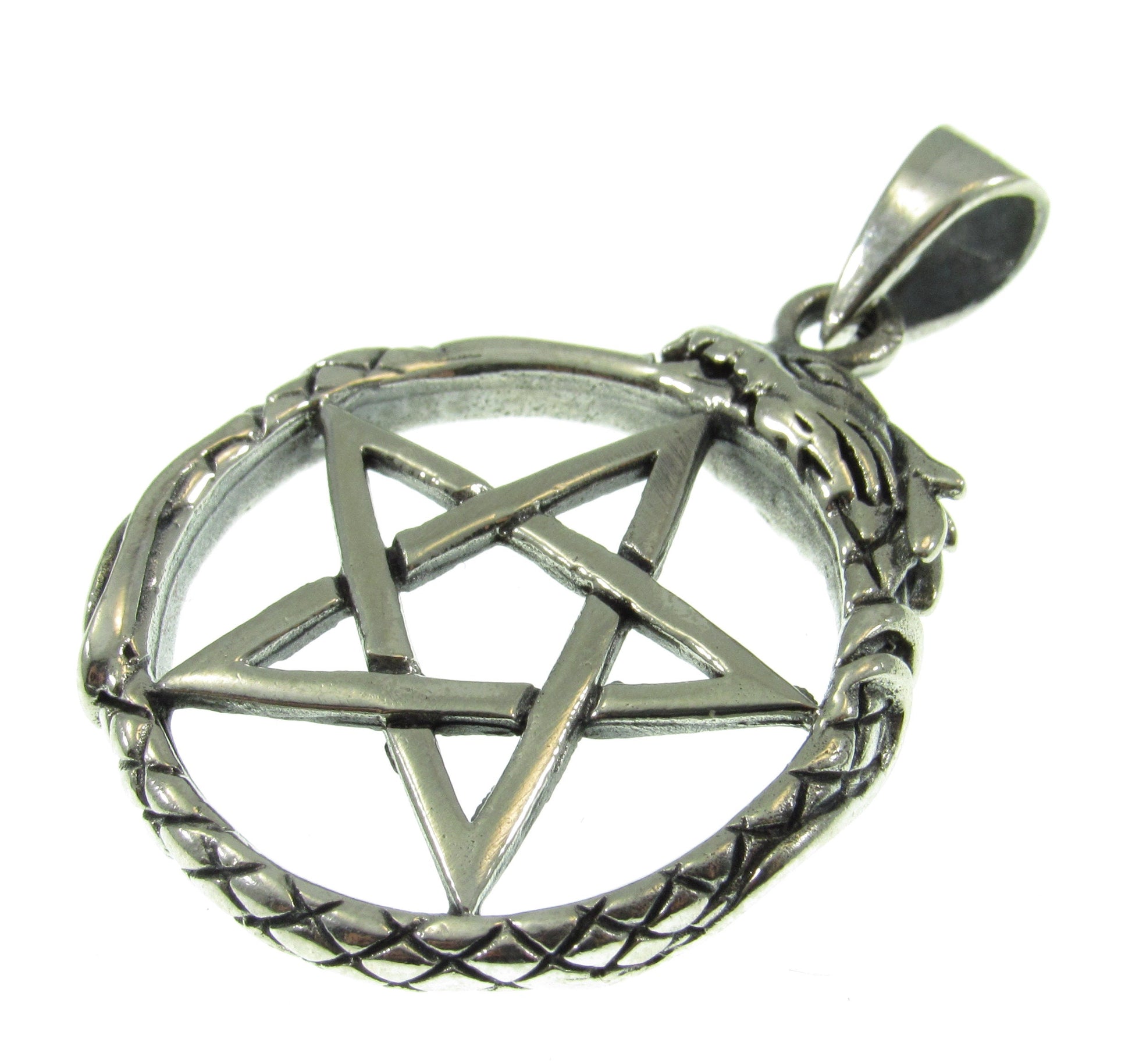 Solid 925 Sterling Silver Ouroboros Pentacle Pendant, Serpent Eating Tail Amulet, Wiccan Pagan Occult Jewelry, Mystic Protection Symbol