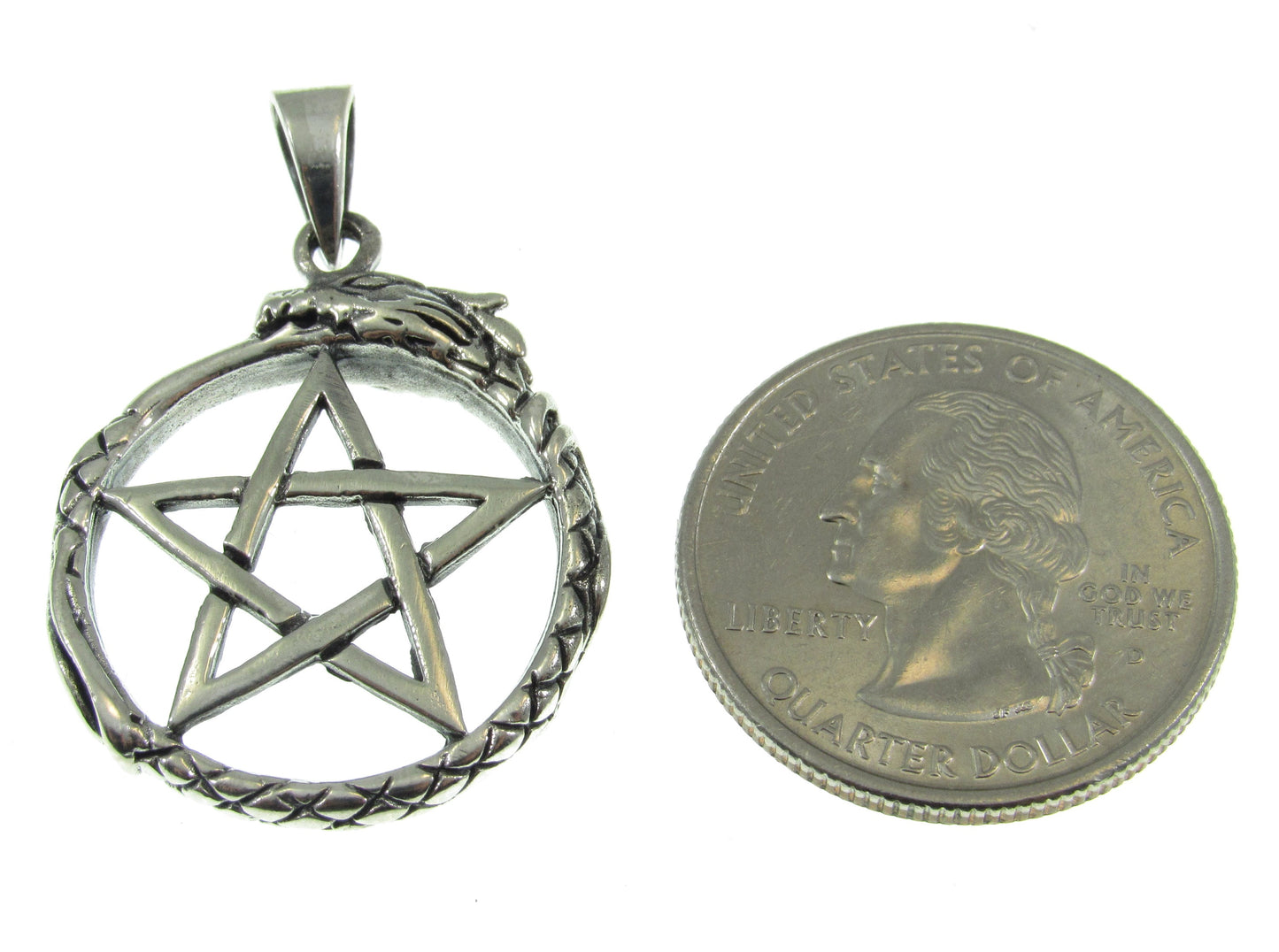 Solid 925 Sterling Silver Ouroboros Pentacle Pendant, Serpent Eating Tail Amulet, Wiccan Pagan Occult Jewelry, Mystic Protection Symbol