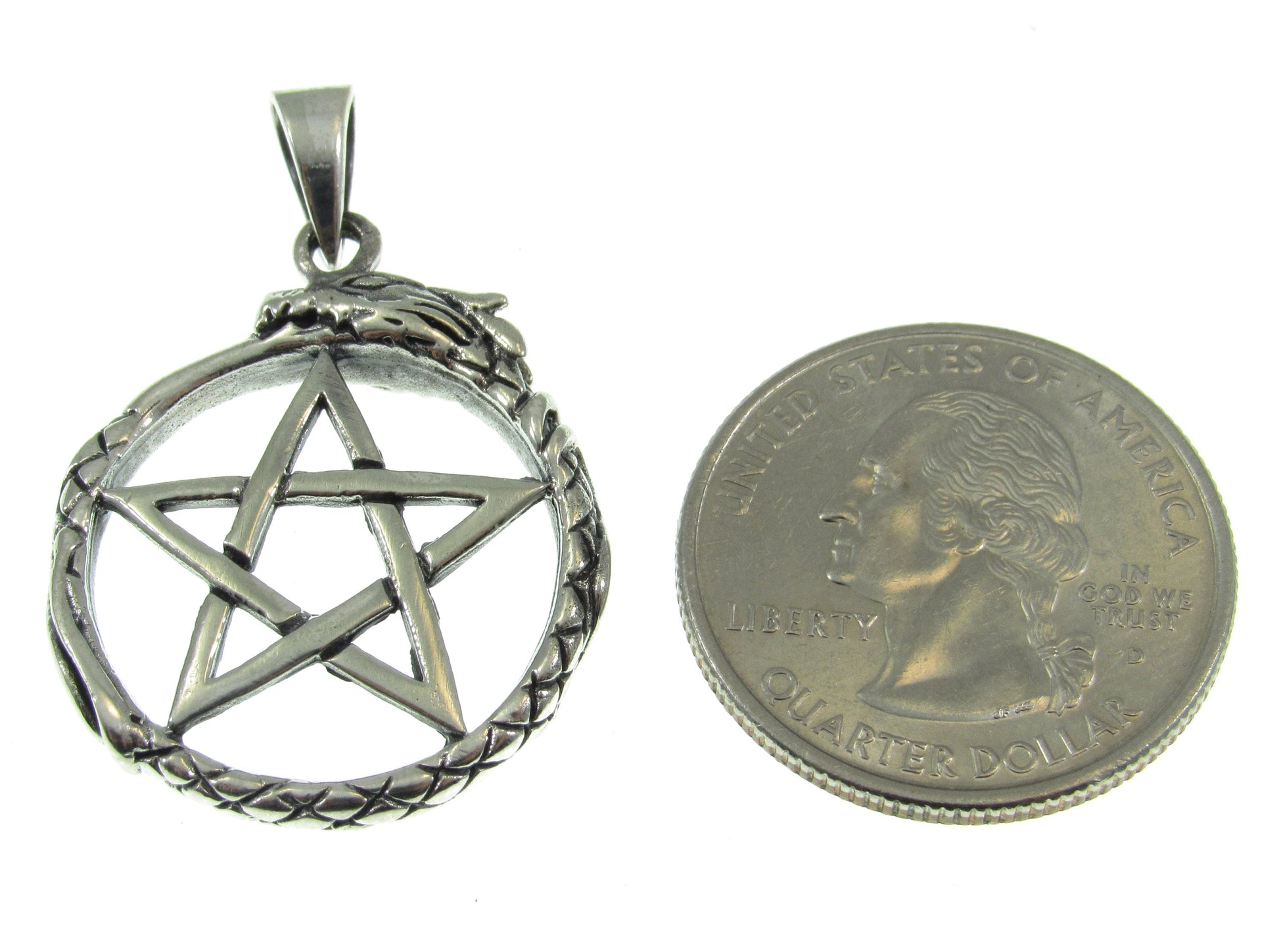 Solid 925 Sterling Silver Ouroboros Pentacle Pendant, Serpent Eating Tail Amulet, Wiccan Pagan Occult Jewelry, Mystic Protection Symbol