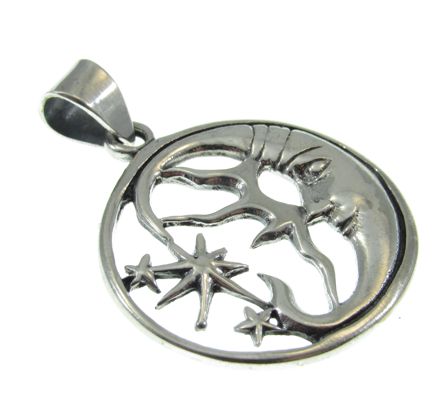 Solid 925 Sterling Silver Moon and 3 Stars Pendant – Handcrafted Celestial Jewelry, Crescent Moon Necklace Charm, Moon Face Mystical Gift