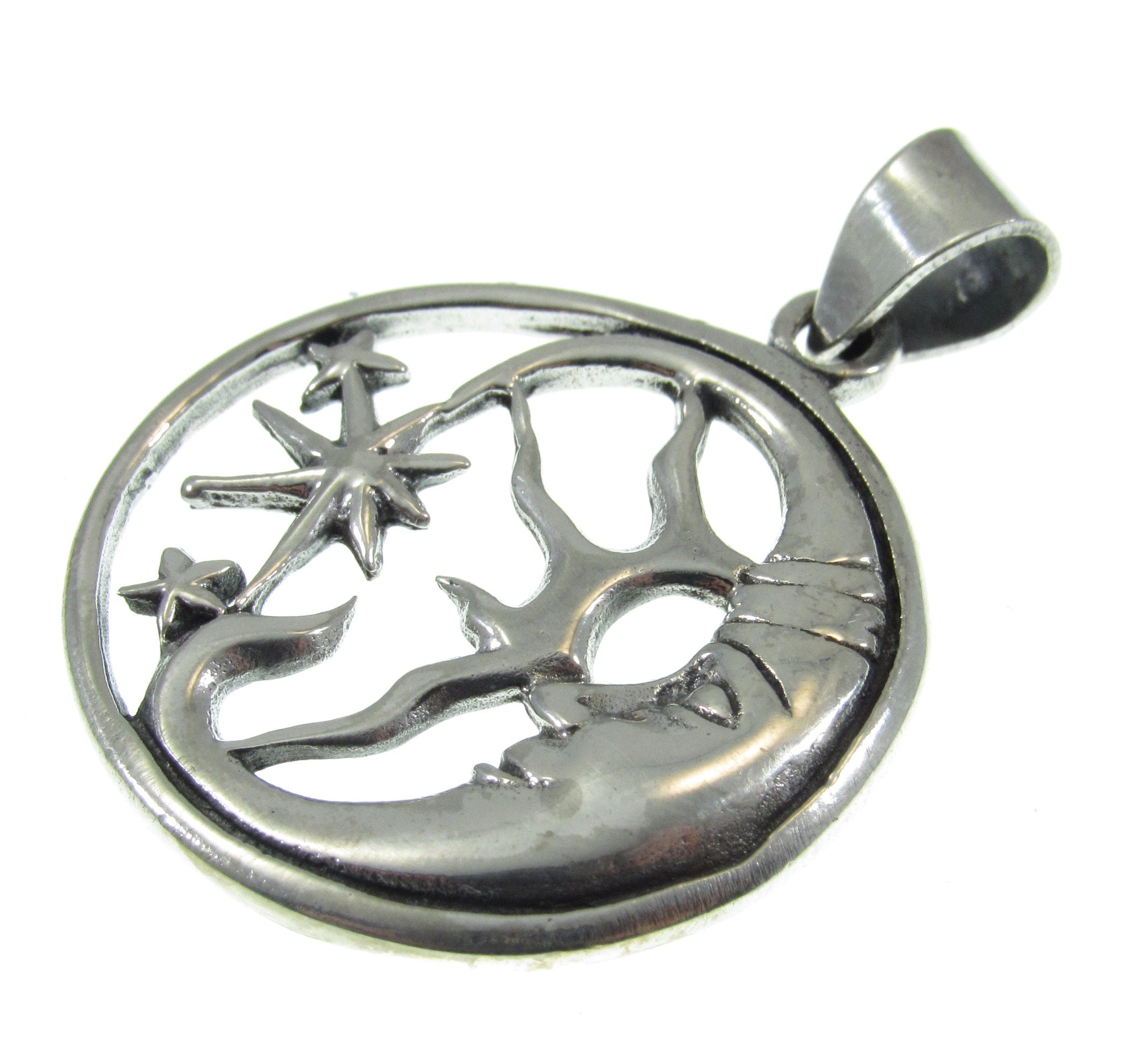 Solid 925 Sterling Silver Moon and 3 Stars Pendant – Handcrafted Celestial Jewelry, Crescent Moon Necklace Charm, Moon Face Mystical Gift