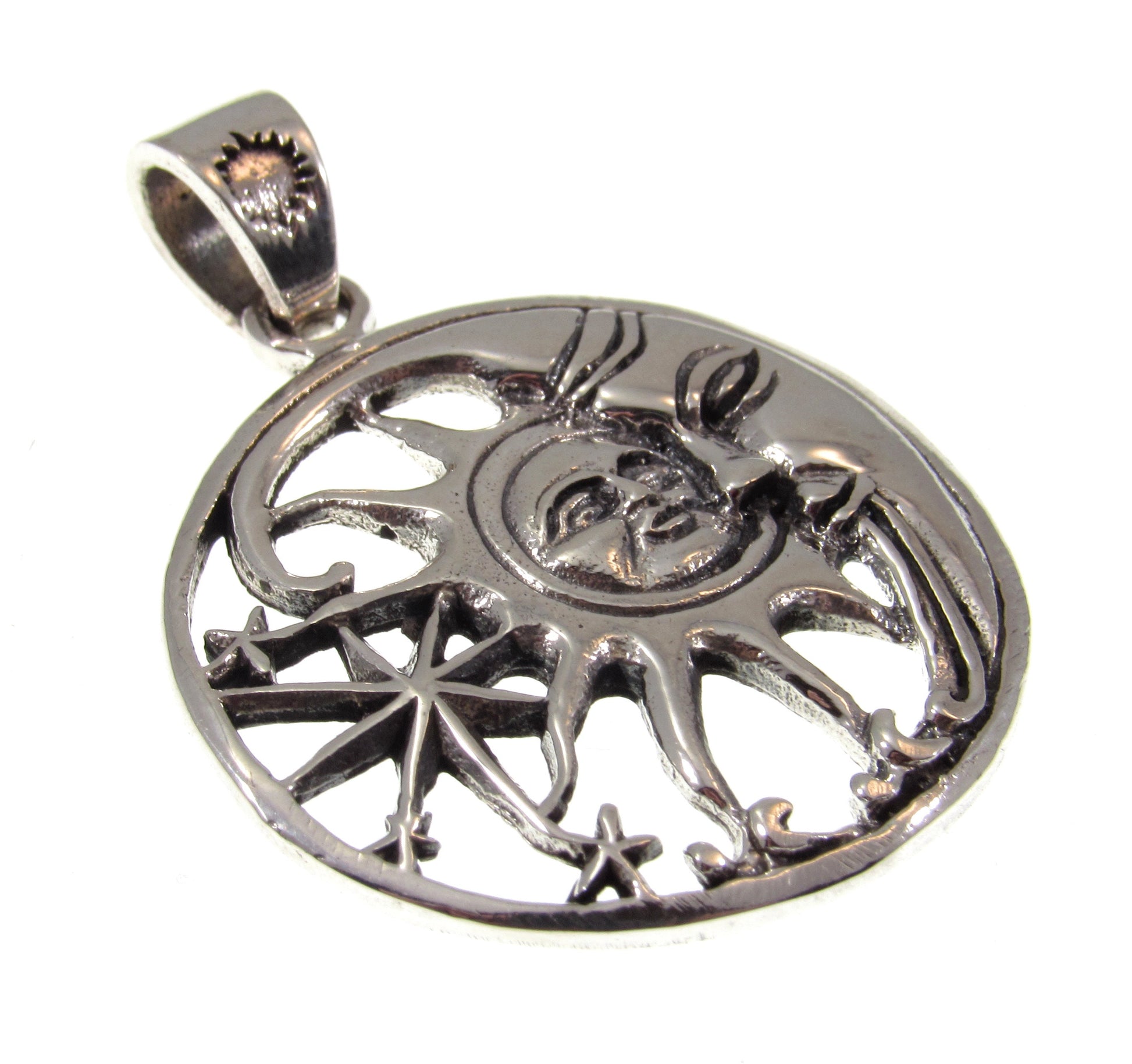 Solid 925 Sterling Silver Waxing Crescent Moon, Sun, and Stars Cosmic Celestial Pendant