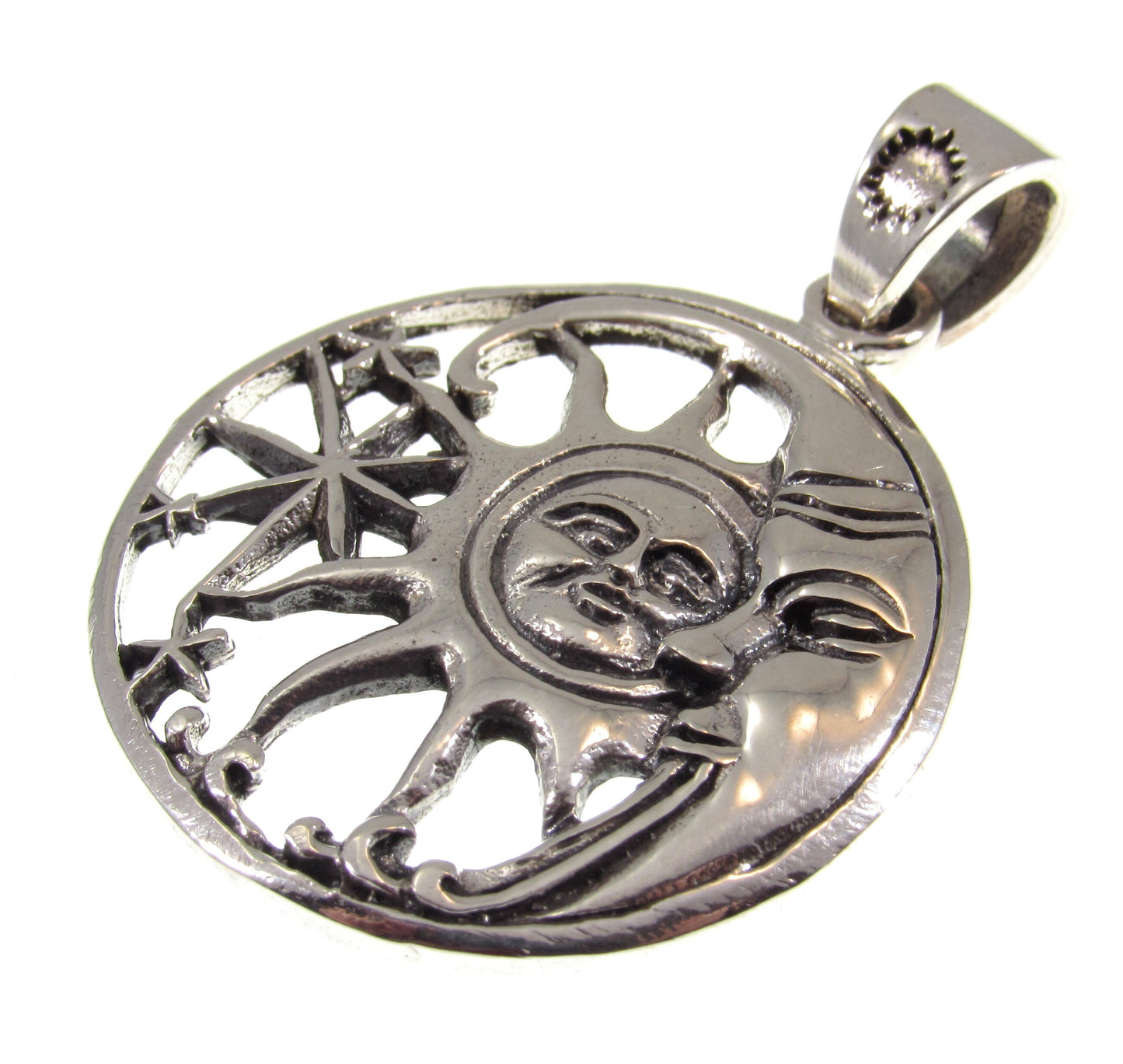 Solid 925 Sterling Silver Waxing Crescent Moon, Sun, and Stars Cosmic Celestial Pendant