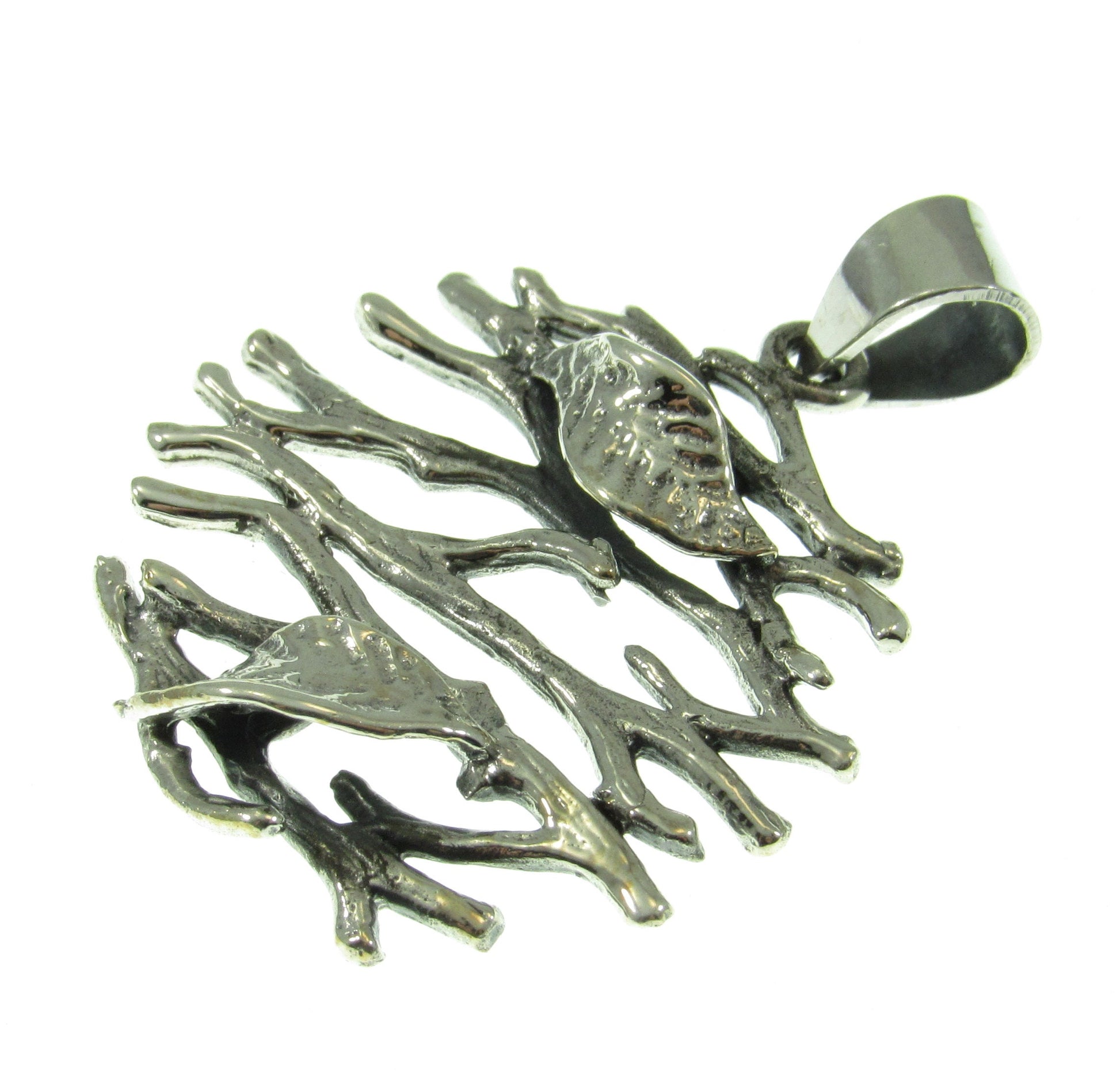 Solid 925 Sterling Silver Twig and Leaf, Leaves and Branches Pendant