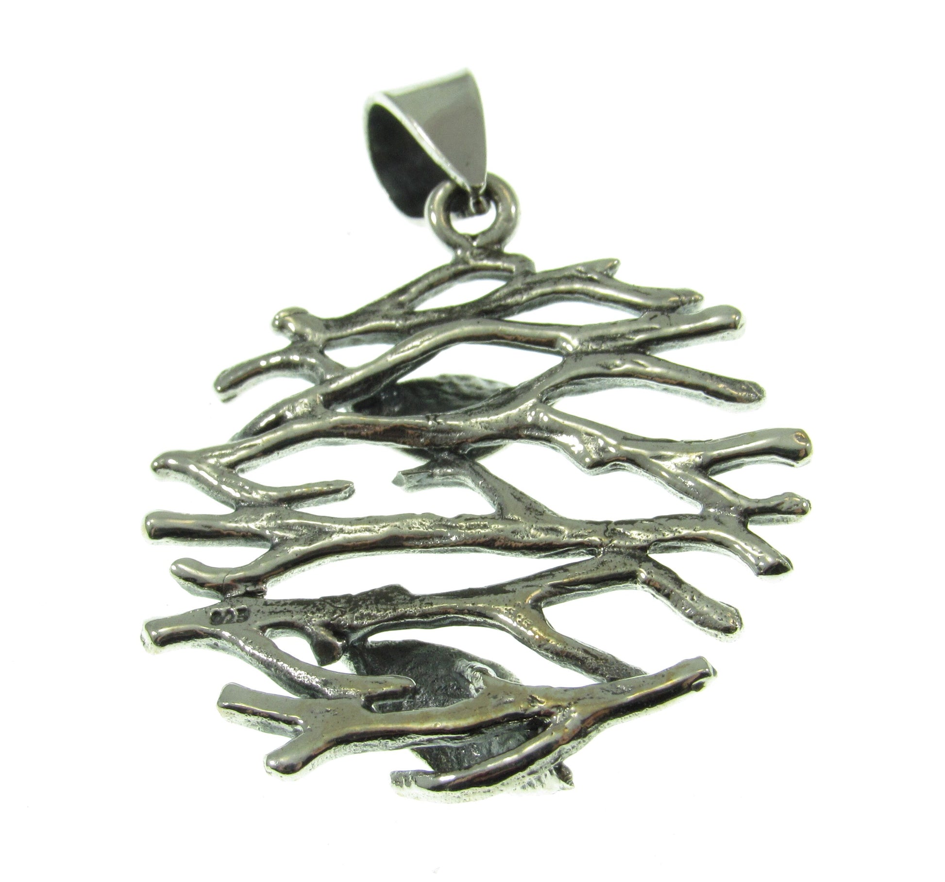 Solid 925 Sterling Silver Twig and Leaf, Leaves and Branches Pendant