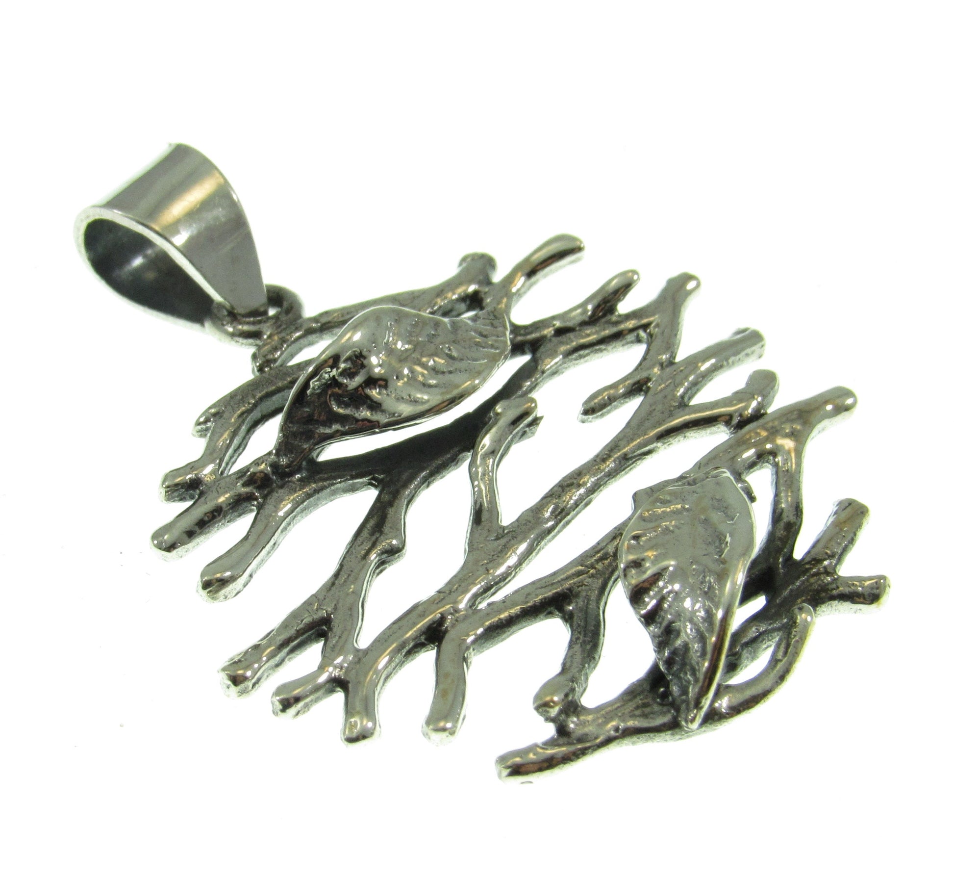 Solid 925 Sterling Silver Twig and Leaf, Leaves and Branches Pendant