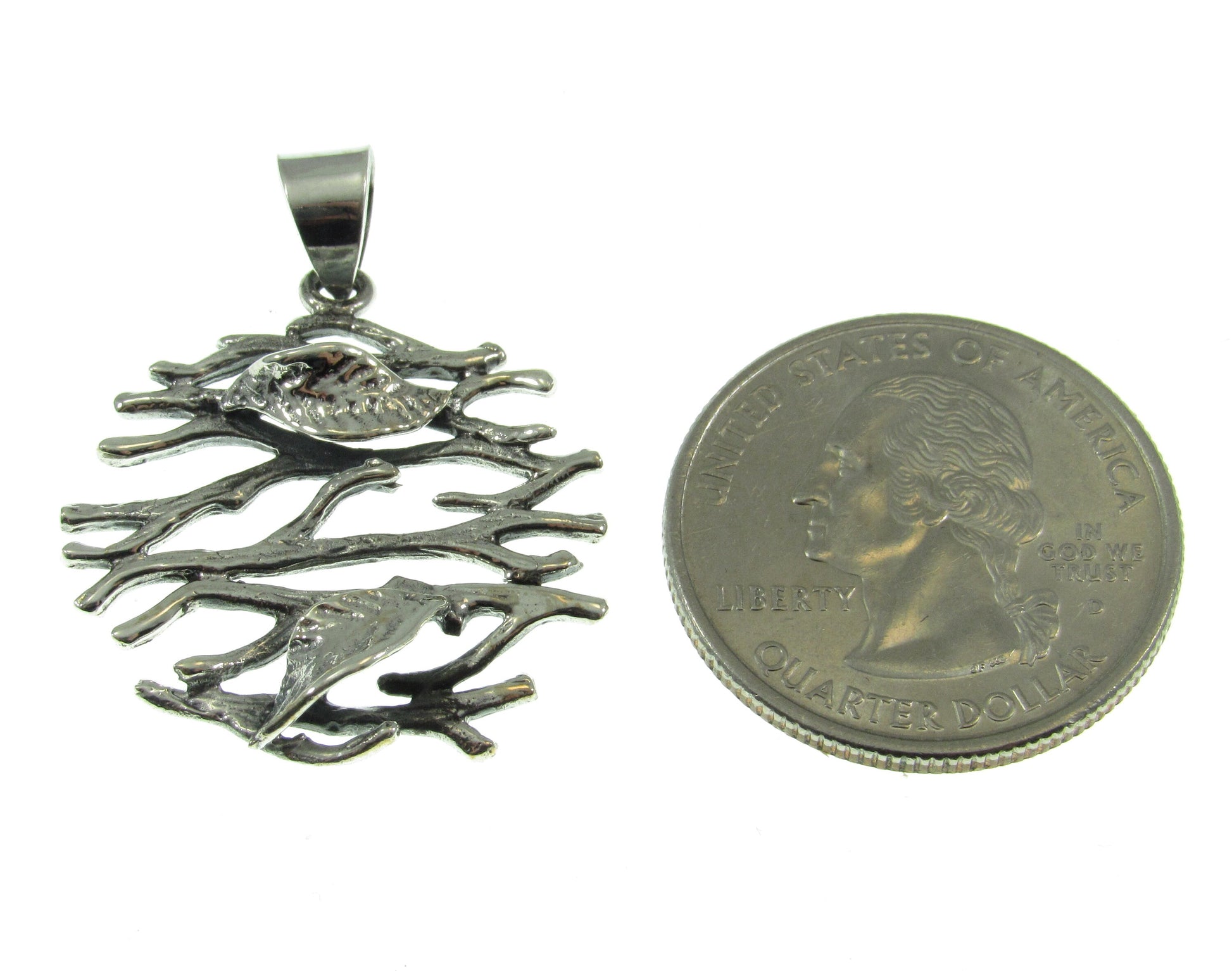 Solid 925 Sterling Silver Twig and Leaf, Leaves and Branches Pendant