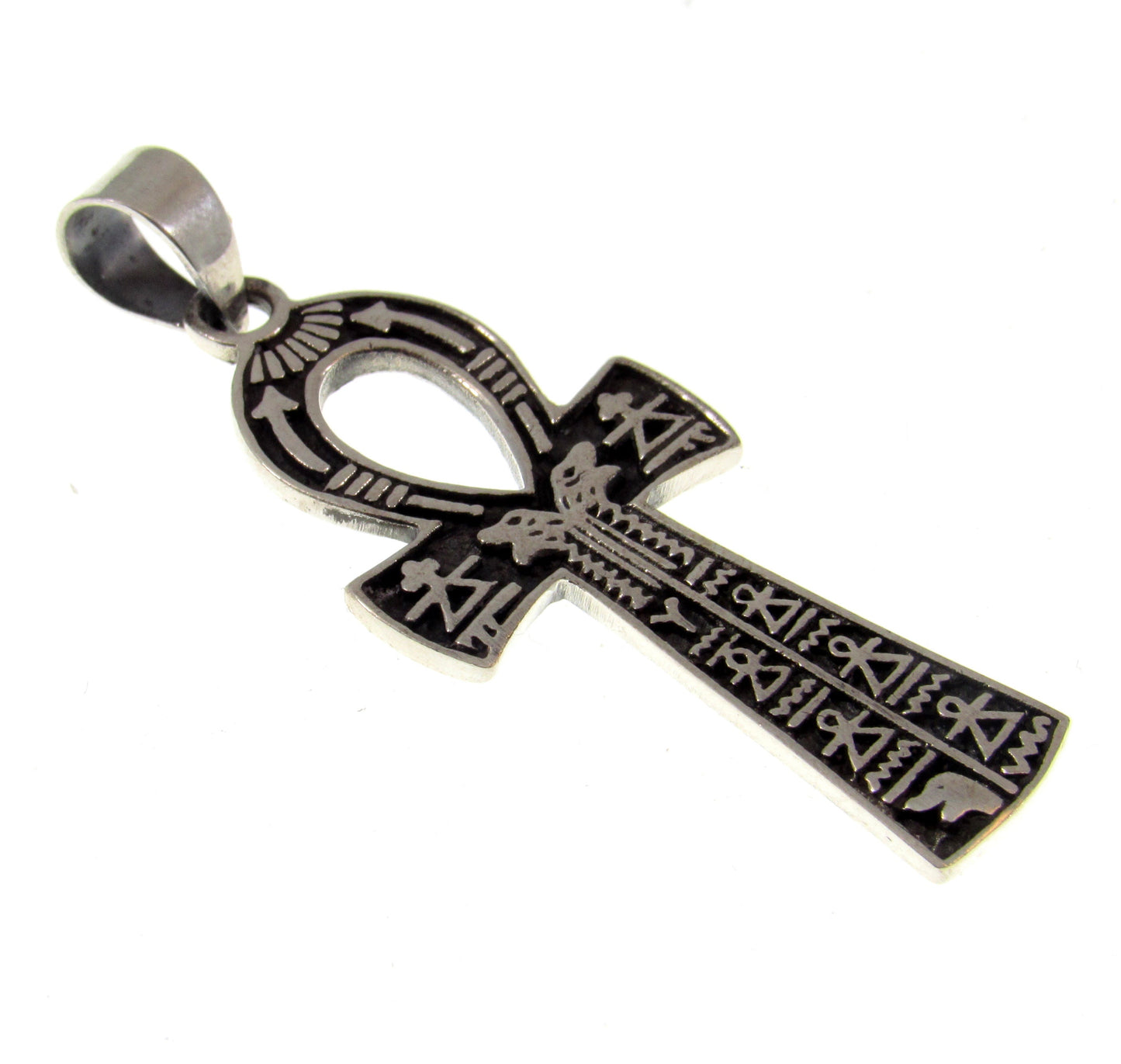 Handcrafted Solid 925 Sterling Silver Egyptian Ankh With Hieroglyphs Crux Ansata Cross Pendant