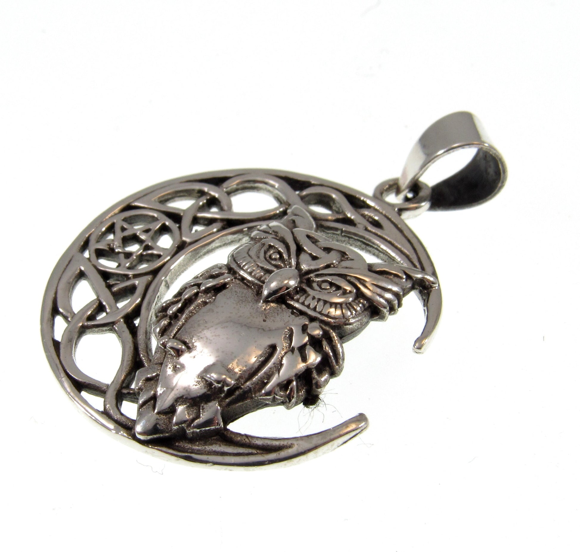 Solid 925 Sterling Silver Crescent Moon And Owl Pendant, Wiccan / Pagan Amulet With Celtic Knots & Pentagram