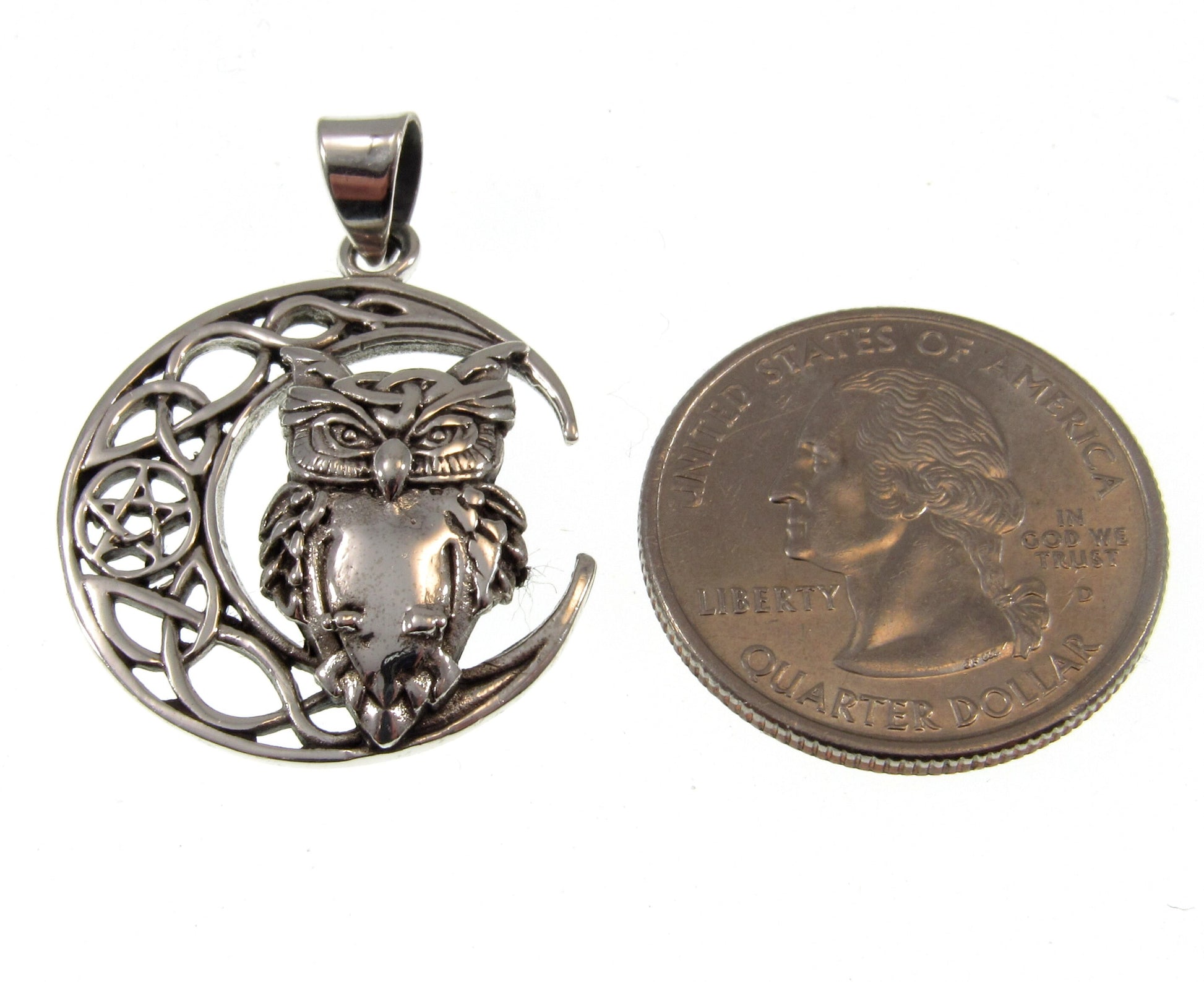 Solid 925 Sterling Silver Crescent Moon And Owl Pendant, Wiccan / Pagan Amulet With Celtic Knots & Pentagram