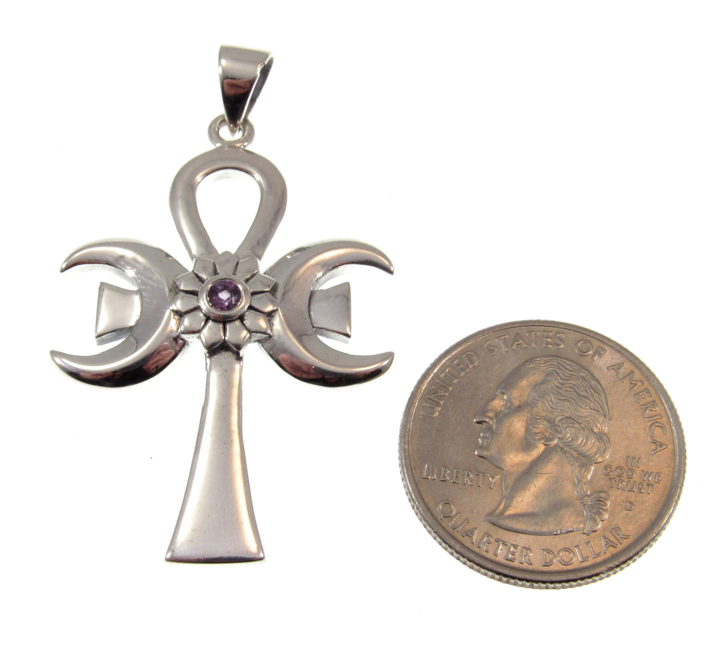 Solid 925 Sterling Silver Triple Moon Goddess Ankh With Amethyst, Ancient Egyptian Cross of Eternal Life