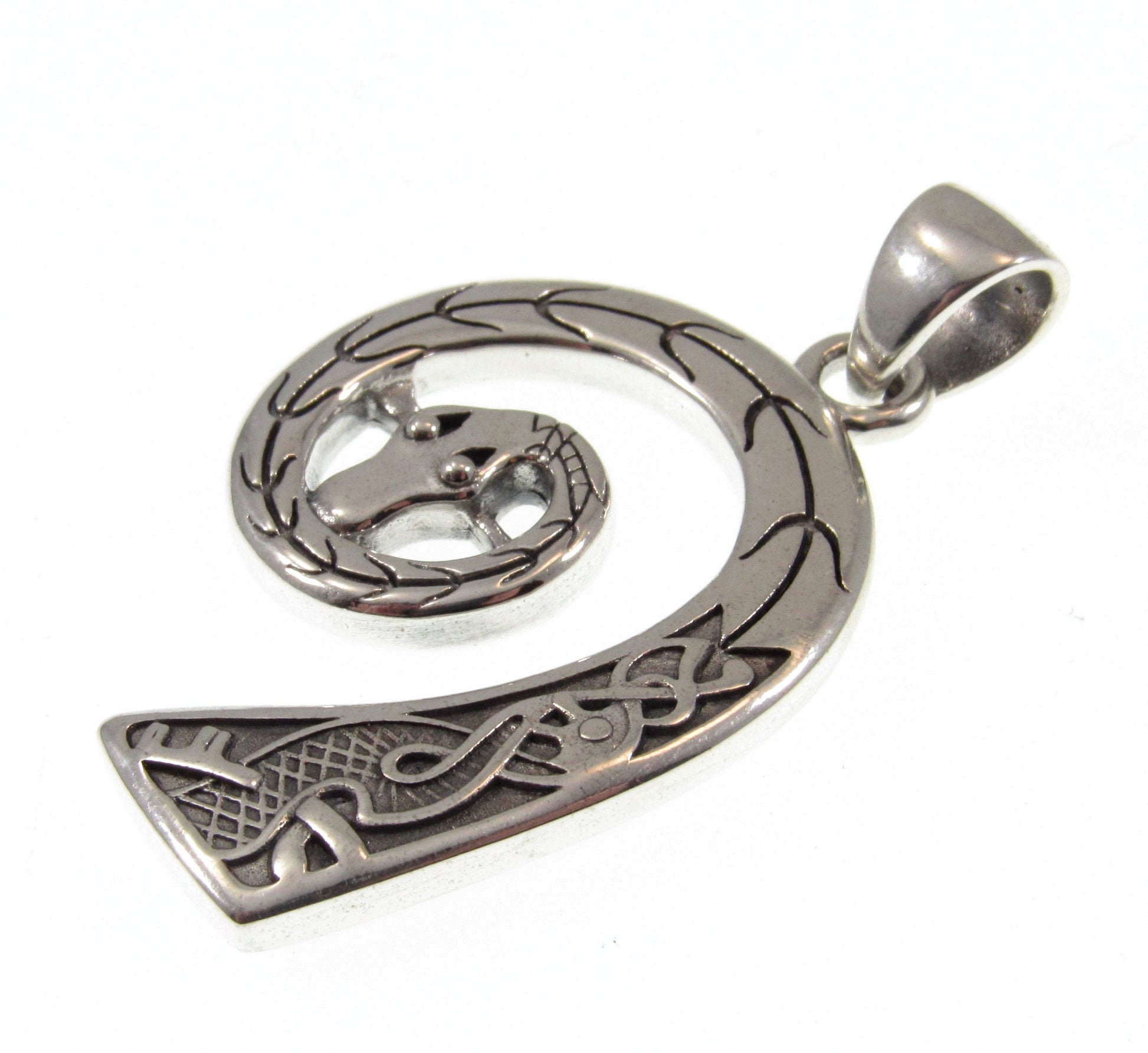 Solid 925 Sterling Silver Jormungandr Prow Head of Viking Ship Pendant, Norse Warrior Longship Carving