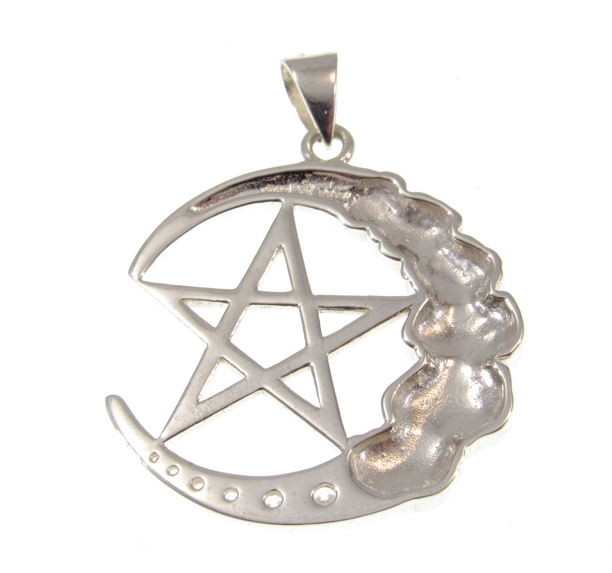 Solid 925 Sterling Silver Crescent Moon Pentagram Pendant Red Enamel Roses CZ Wiccan Amulet