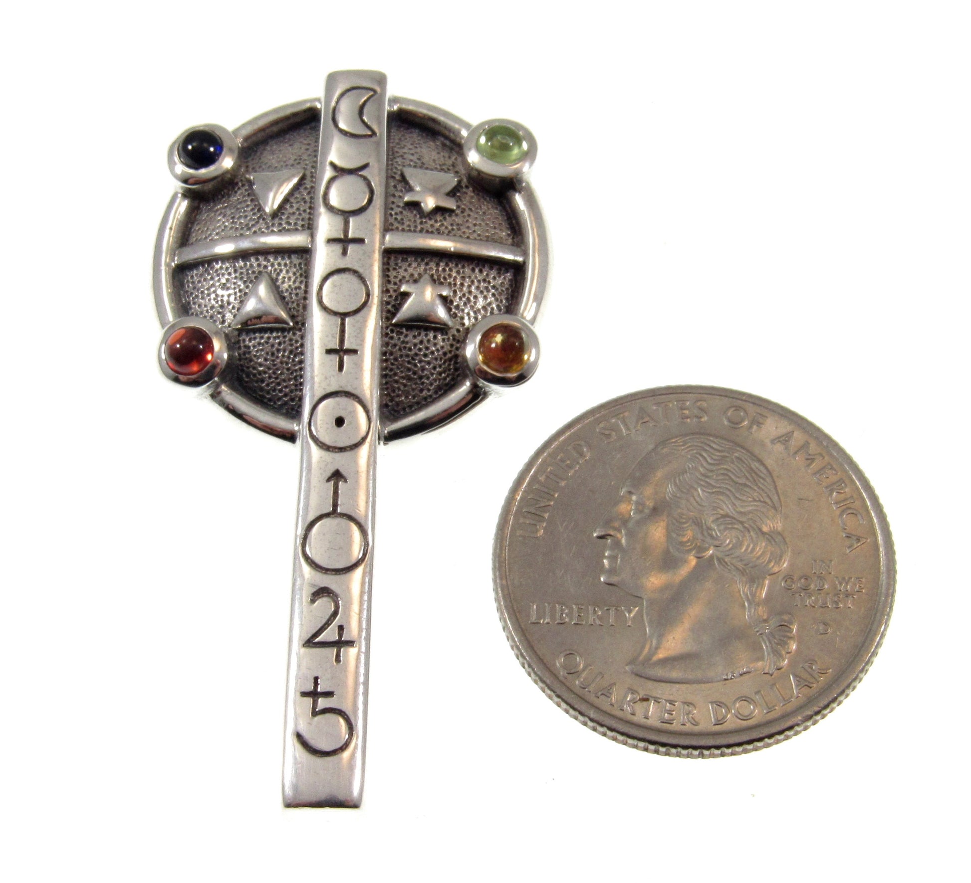 Solid 925 Sterling Silver Astrologer's Cross Pendant With Amethyst, Peridot, Garnet, and Amber Gemstones