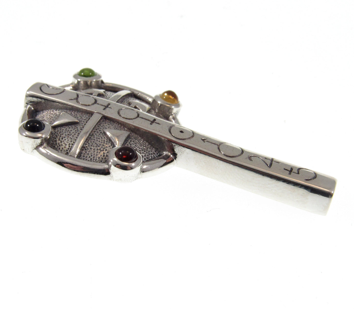 Solid 925 Sterling Silver Astrologer's Cross Pendant With Amethyst, Peridot, Garnet, and Amber Gemstones