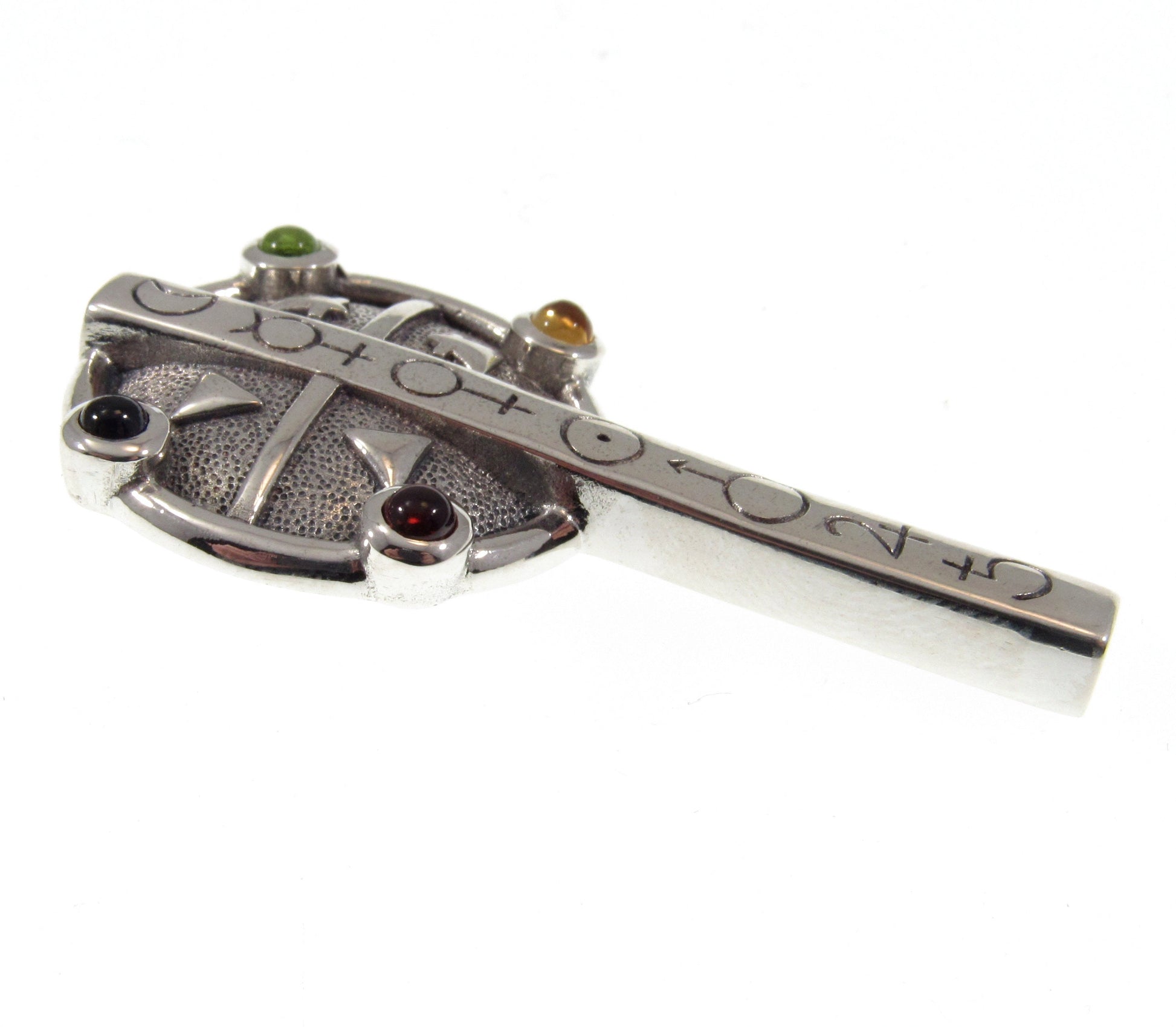 Solid 925 Sterling Silver Astrologer's Cross Pendant With Amethyst, Peridot, Garnet, and Amber Gemstones