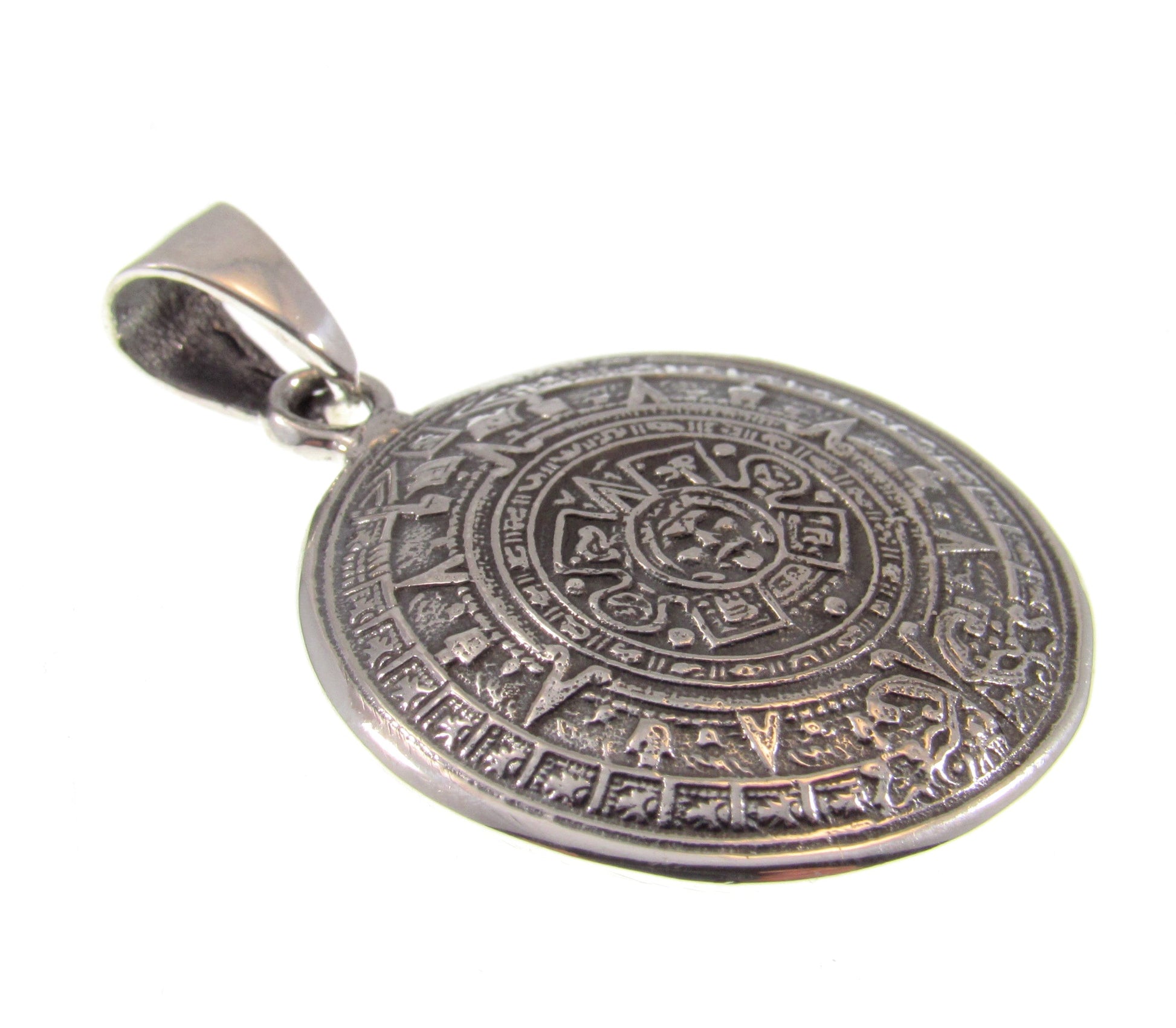 Solid Sterling Silver Aztec Calendar Pendant – Mayan Necklace Amulet, Ancient Mexico Jewelry, Sun Stone Medal, Mens Silver Zodiac Wheel