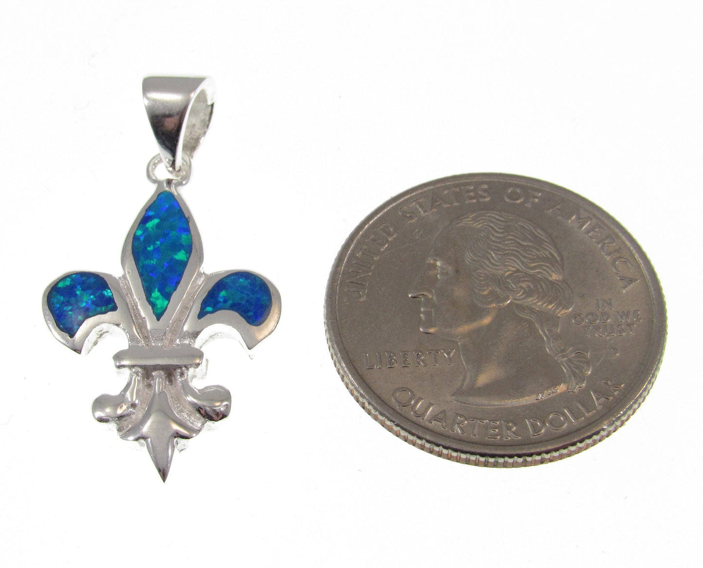 Solid 925 Sterling Silver Fleur De Lis (Flower of the lily) Pendant With Inlaid Lab Created Blue or White Opal Gemstones
