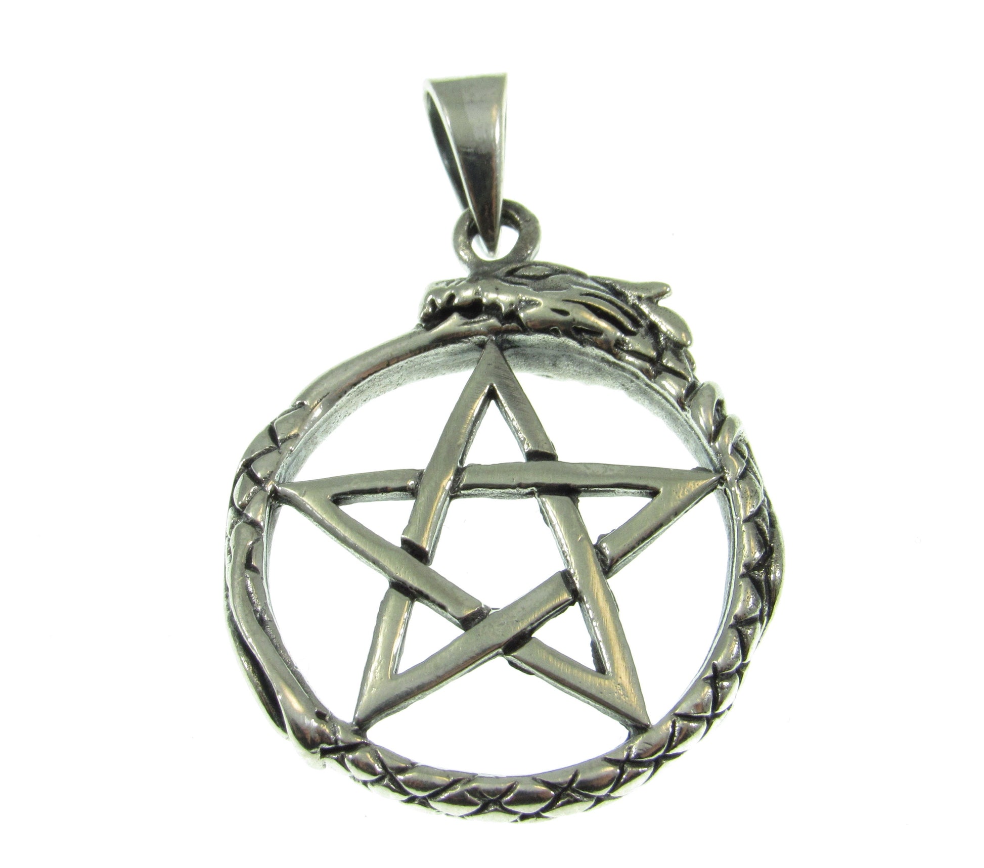 Solid 925 Sterling Silver Ouroboros Pentacle Pendant, Serpent Eating Tail Amulet, Wiccan Pagan Occult Jewelry, Mystic Protection Symbol