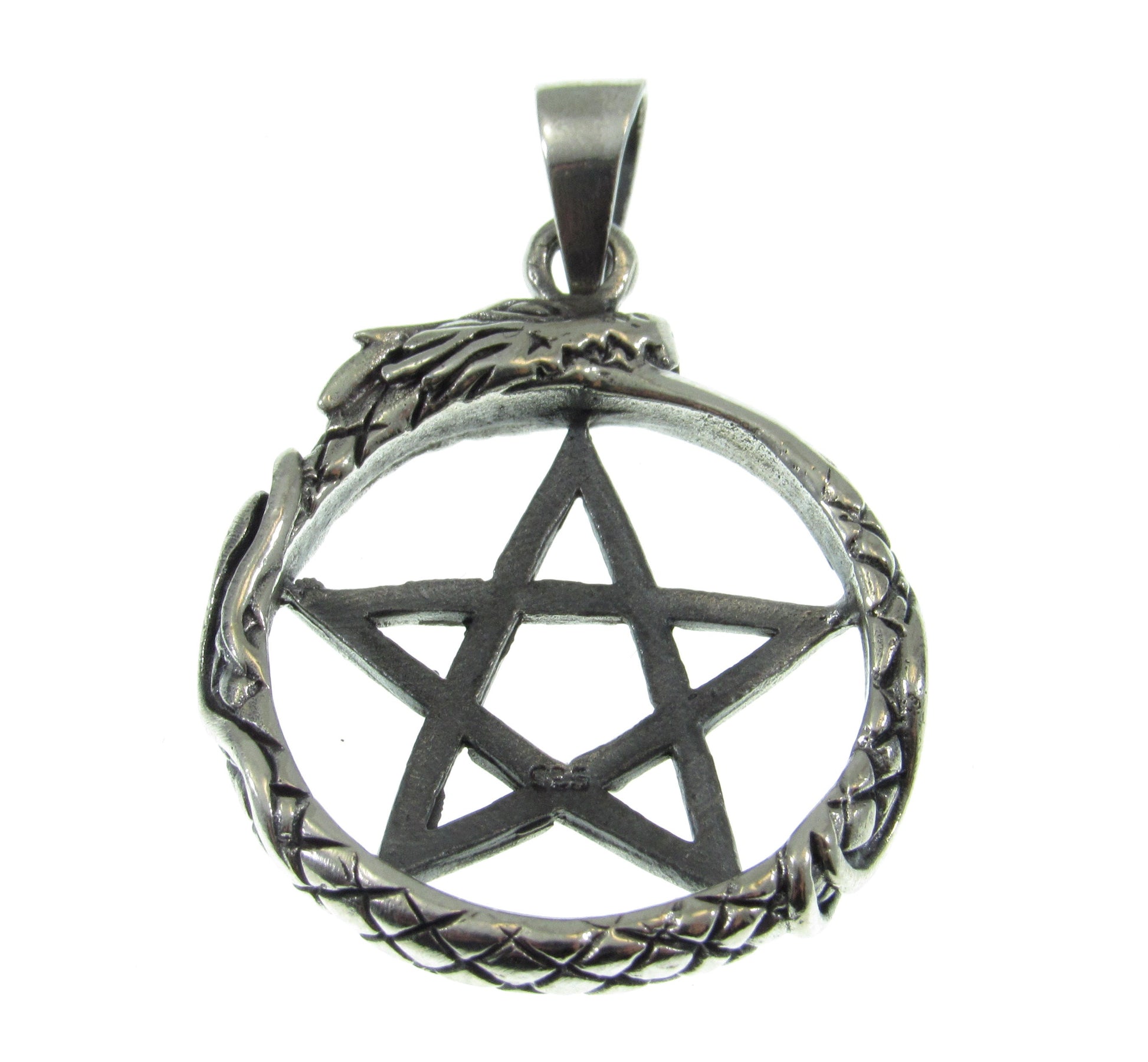 Solid 925 Sterling Silver Ouroboros Pentacle Pendant, Serpent Petagram, Pagan Amulet, Occult Jewelry