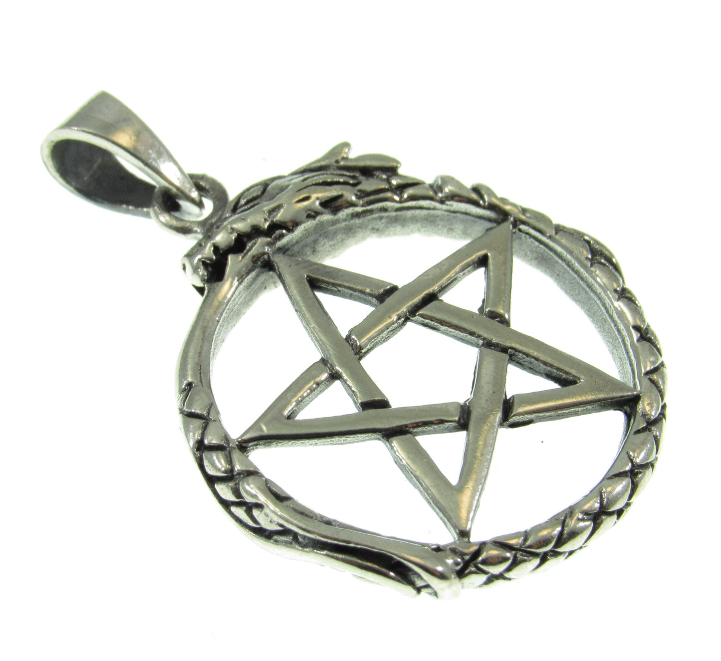Solid 925 Sterling Silver Ouroboros Pentacle Pendant, Serpent Eating Tail Amulet, Wiccan Pagan Occult Jewelry, Mystic Protection Symbol