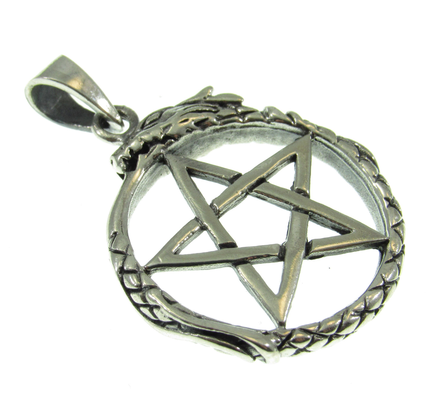 Solid 925 Sterling Silver Ouroboros Pentacle Pendant, Serpent Petagram, Pagan Amulet, Occult Jewelry