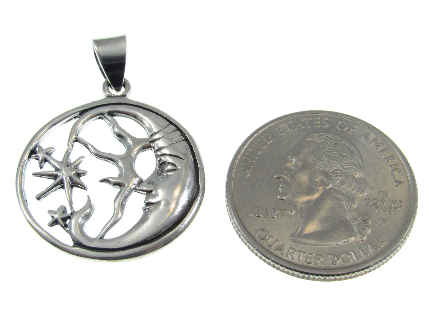 Solid 925 Sterling Silver Moon and 3 Stars Pendant – Handcrafted Celestial Jewelry, Crescent Moon Necklace Charm, Moon Face Mystical Gift