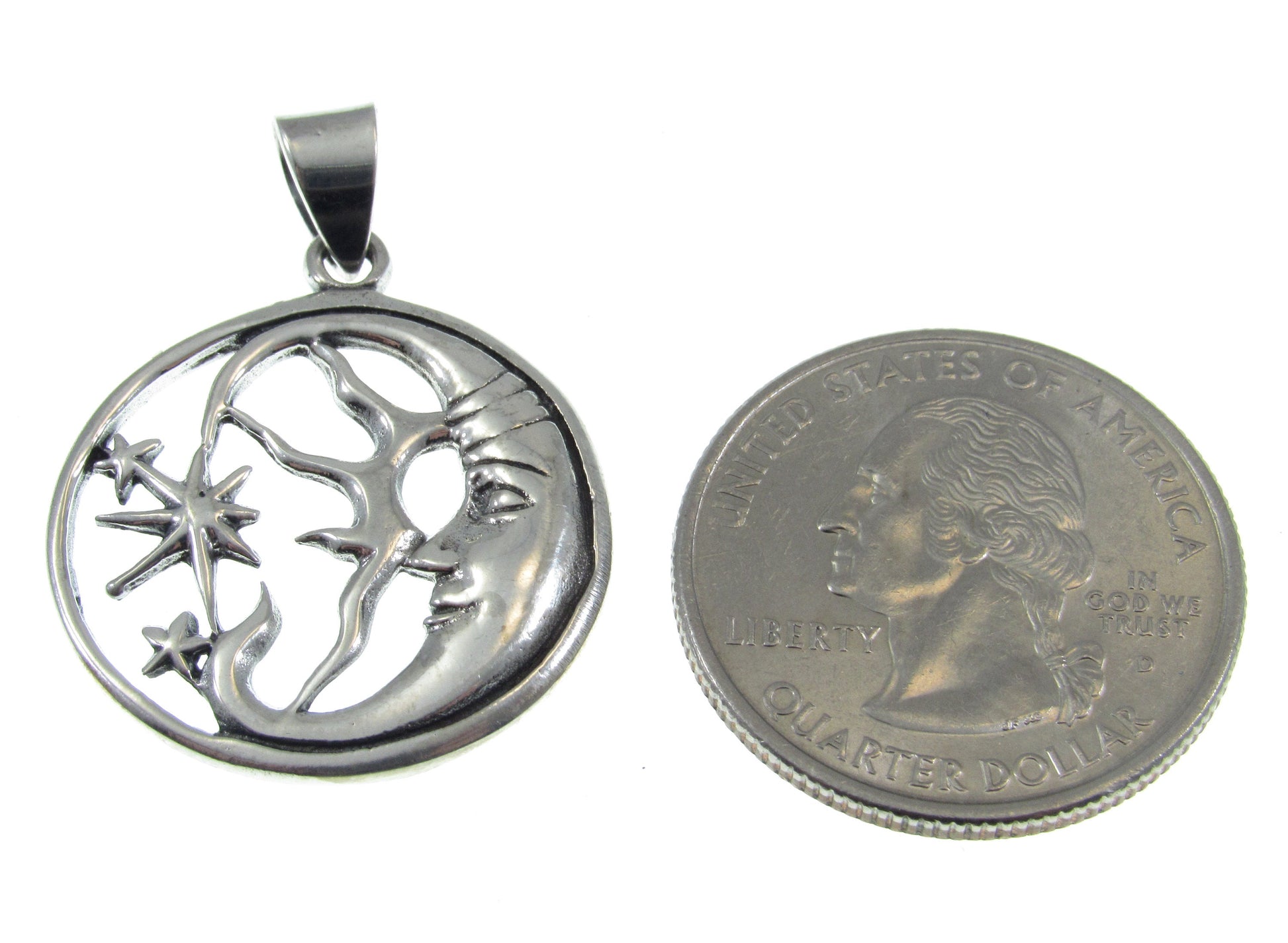 Solid 925 Sterling Silver Moon and 3 Stars Pendant – Handcrafted Celestial Jewelry, Crescent Moon Necklace Charm, Moon Face Mystical Gift