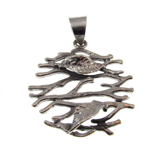 Solid 925 Sterling Silver Twig and Leaf, Leaves and Branches Pendant