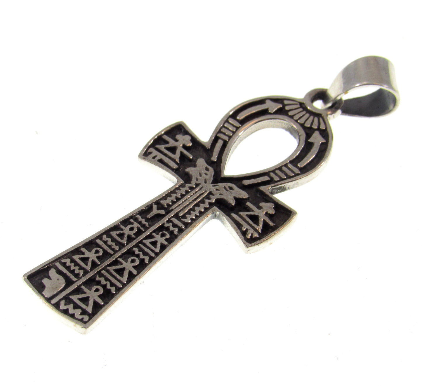 Handcrafted Solid 925 Sterling Silver Egyptian Ankh With Hieroglyphs Crux Ansata Cross Pendant