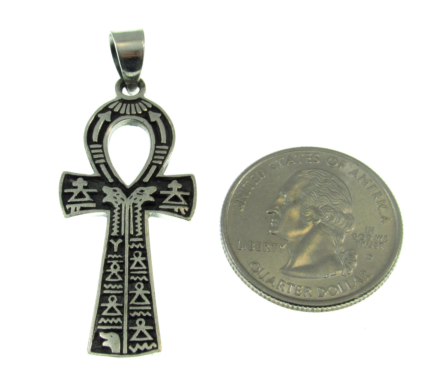 Handcrafted Solid 925 Sterling Silver Egyptian Ankh With Hieroglyphs Crux Ansata Cross Pendant