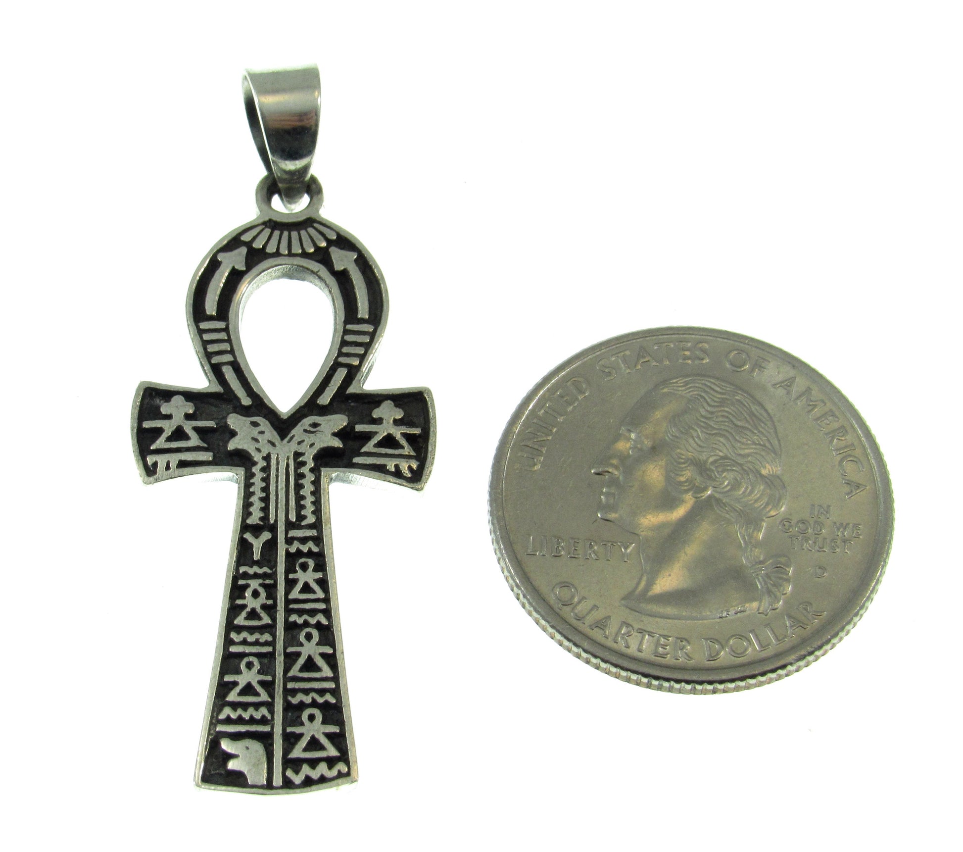 Handcrafted Solid 925 Sterling Silver Egyptian Ankh With Hieroglyphs Crux Ansata Cross Pendant