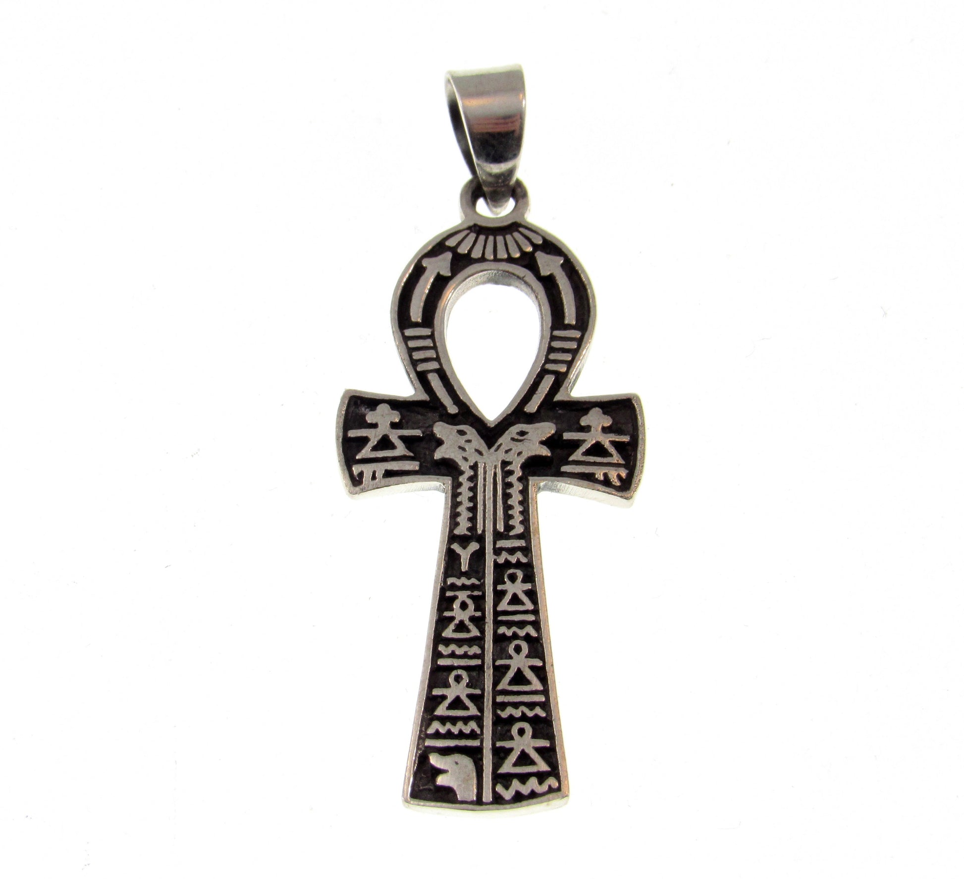 Handcrafted Solid 925 Sterling Silver Egyptian Ankh With Hieroglyphs Crux Ansata Cross Pendant