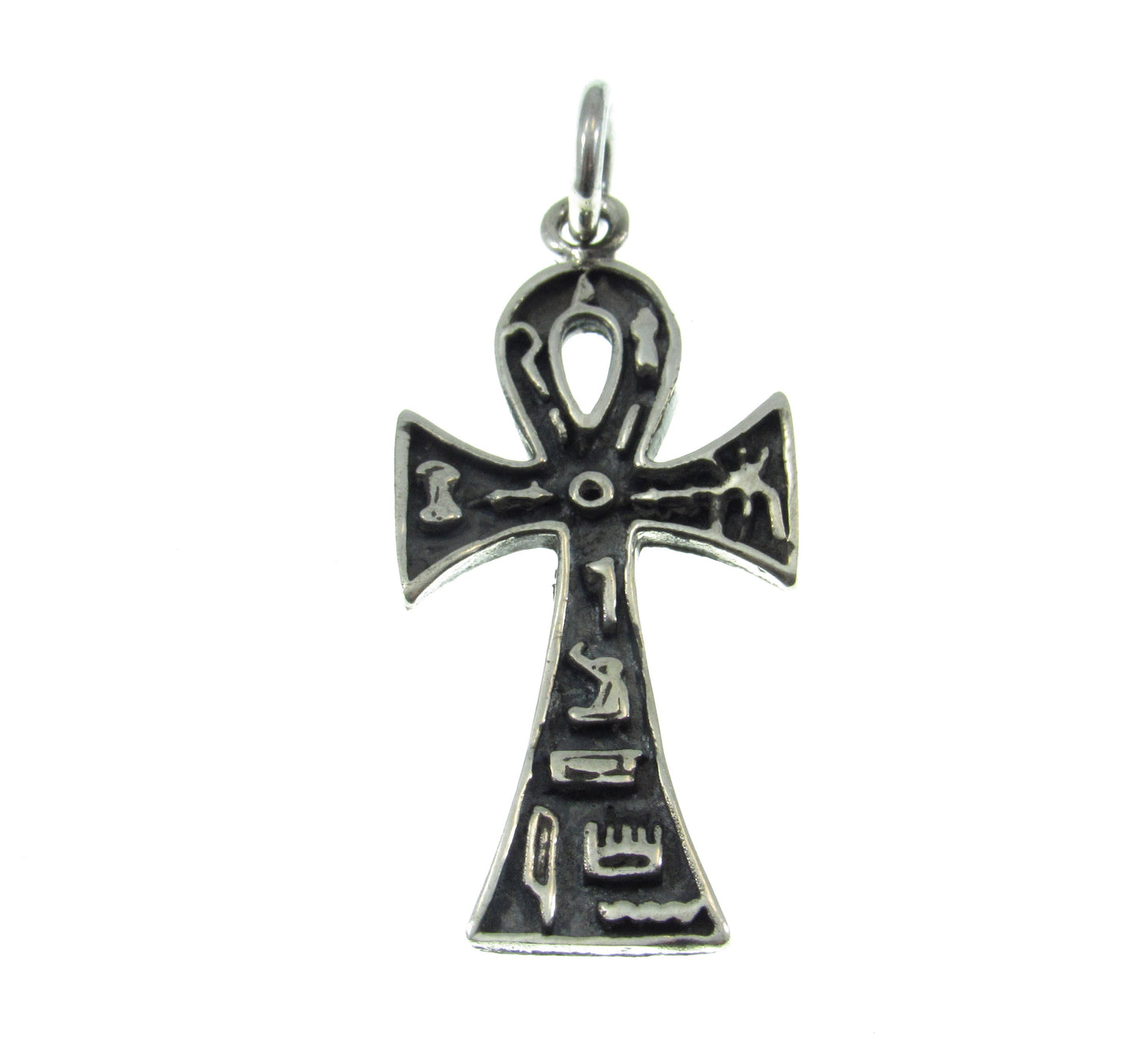 Solid 925 Sterling Silver Egyptian Ankh & Hieroglyphs Cross Pendant, Handcrafted Crux Ansata