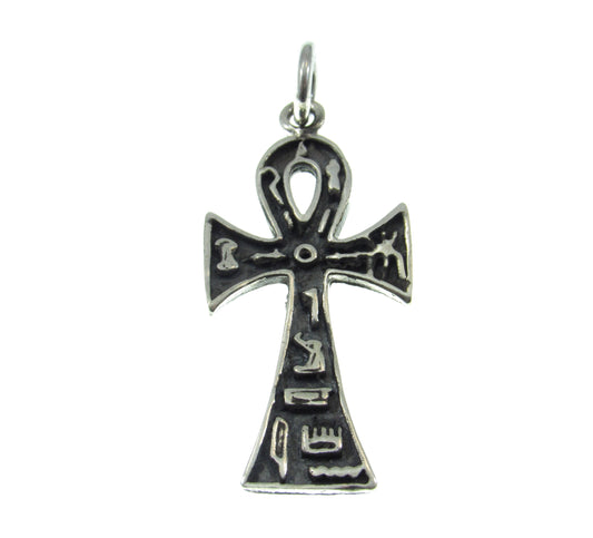 Solid 925 Sterling Silver Egyptian Ankh & Hieroglyphs Cross Pendant, Handcrafted Crux Ansata
